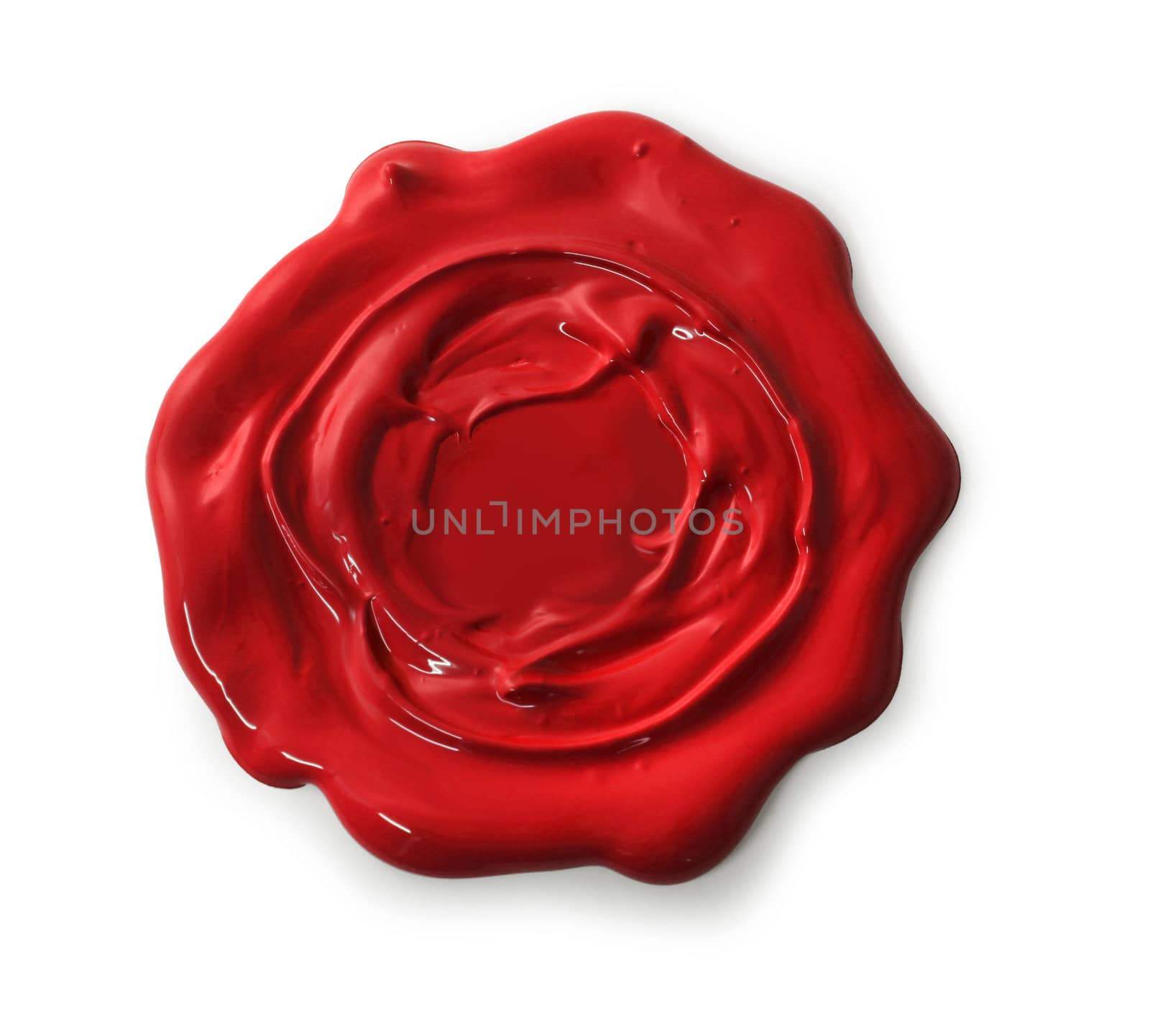 Rough red wax seal isolated on white background, soft shadow