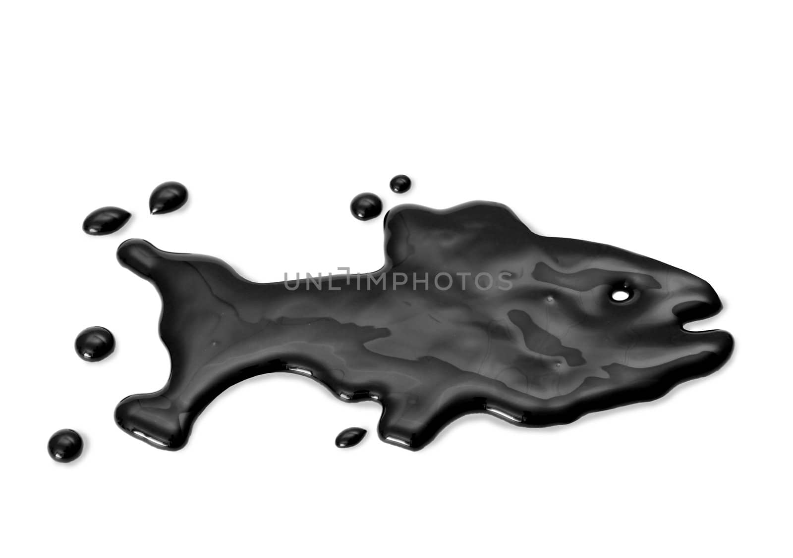 Black oil spill with shape of fish on white background