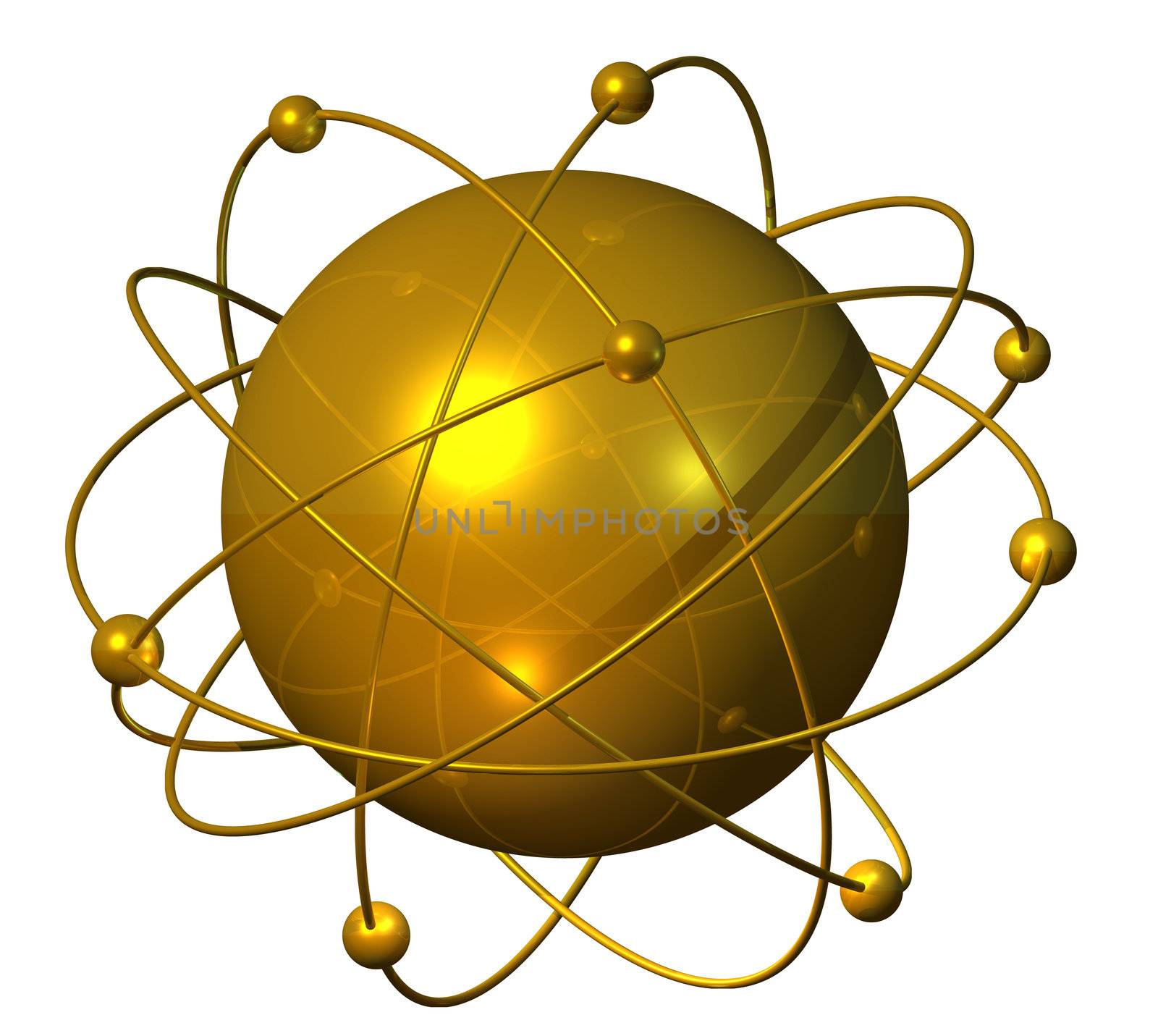 Goden atomium sphere with electrons and neutrons forming satellite orbit web around the globe