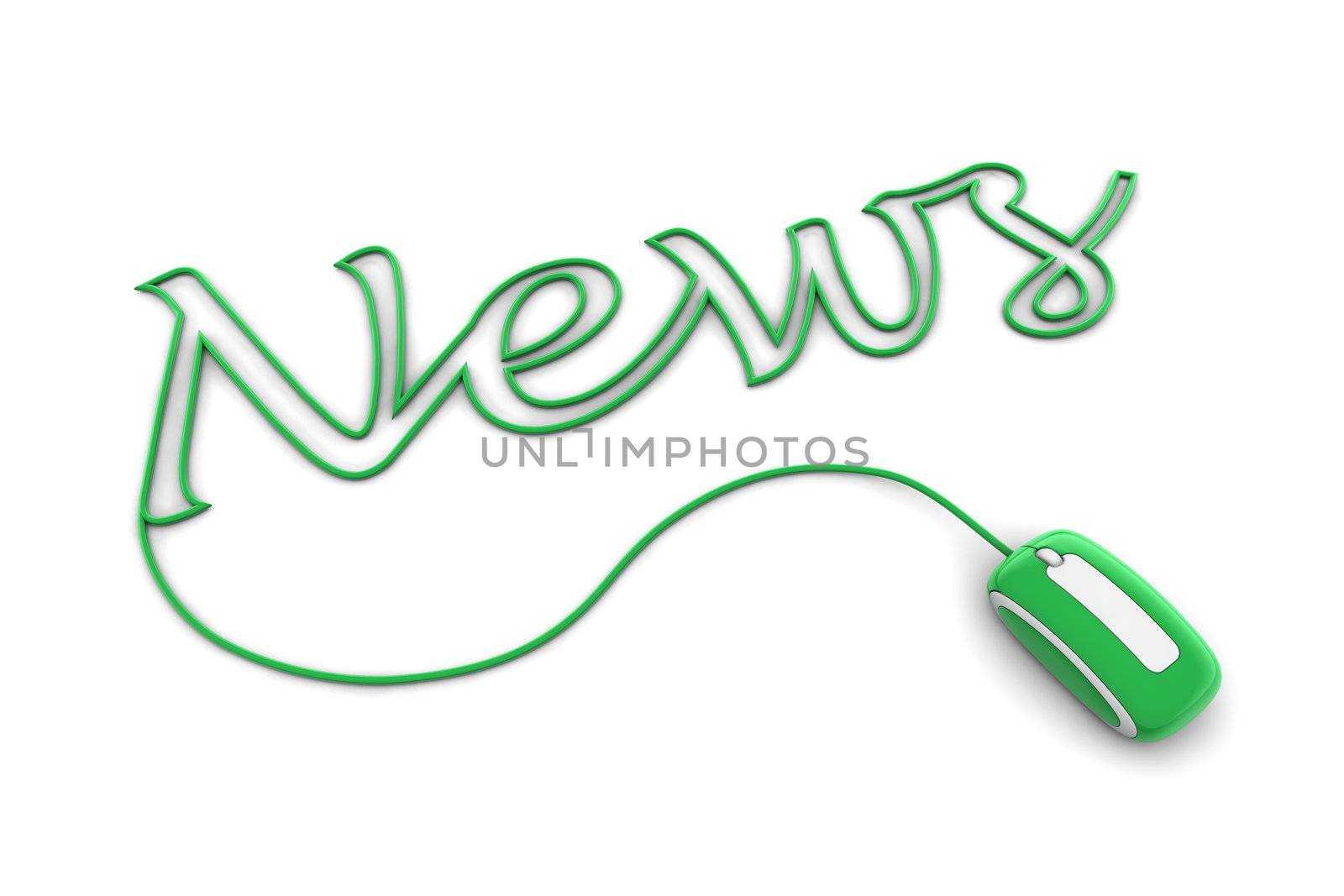 modern shiny green computer mouse is connected to the glossy green word NEWS - letters a formed by the mouse cable