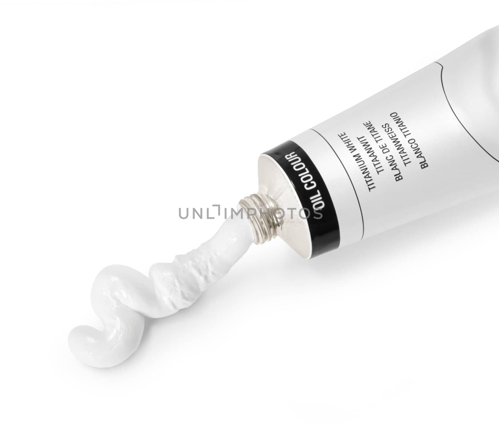 White oil color paint tube opened on white background