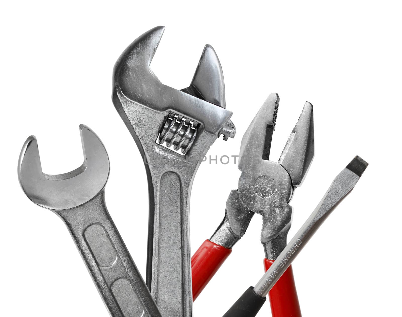 Tool set of wrench, adjustable spanner, pliers and screwdriver isolated on white background