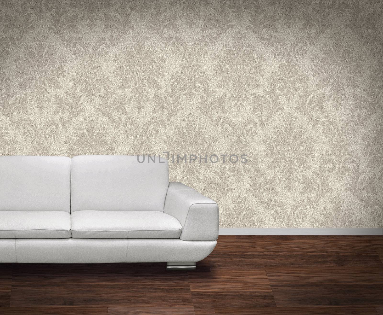 Modern white leather sofa in room with dark wooden floor