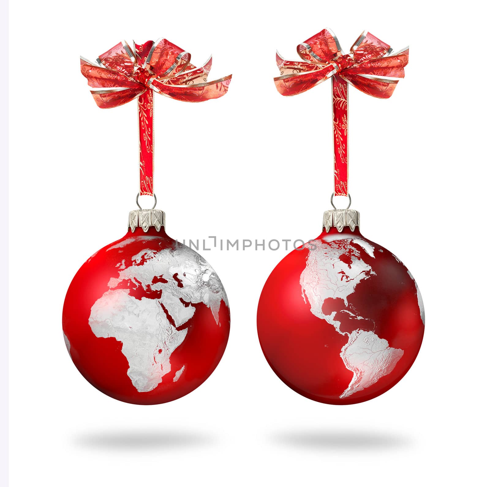 Red Christmas glass balls with silver world continents decoration, on white background