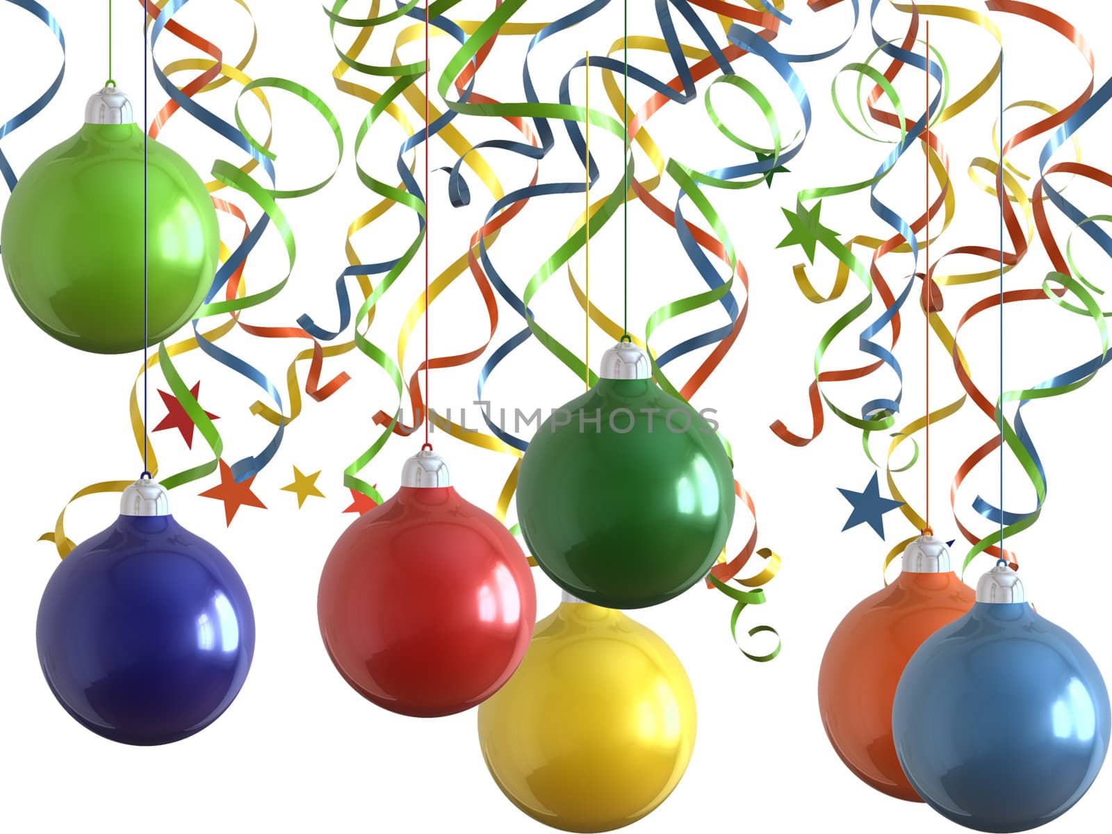 Christmas decorations of different colors on a white background