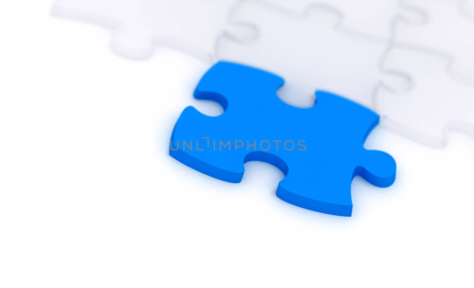 one blue and many transparent components of a puzzle on a white background