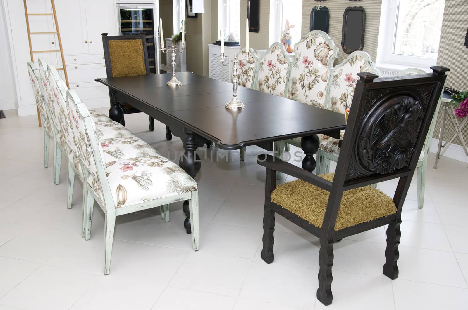 dining room with large table and comfortable chairs