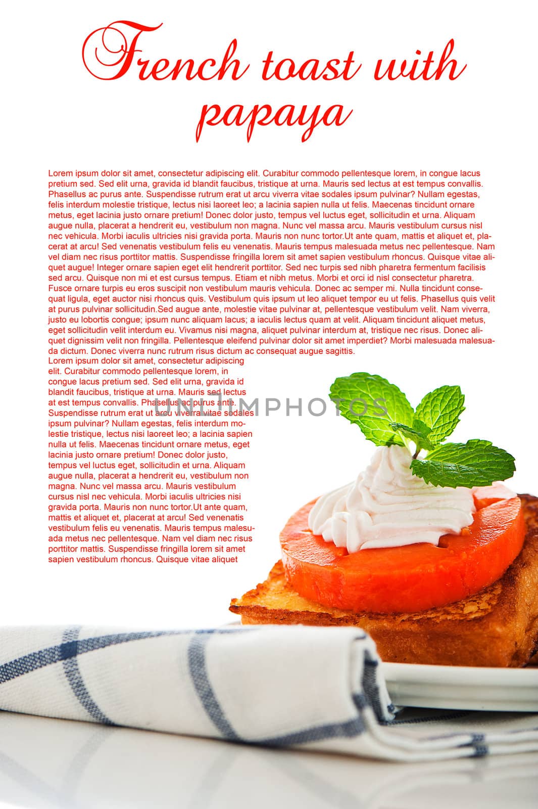 Two slices of french toast with papaya, cream and mint leaf on a white background with a big area for your text as a studio shoot