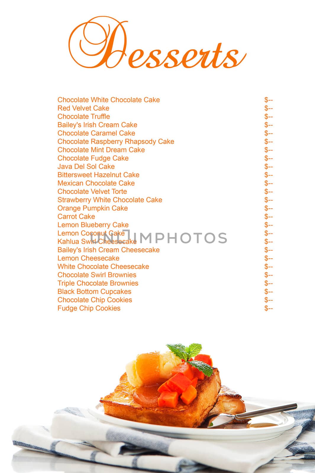 Two slices of french toast with papaya, vanilla ice cream, caramel sauce and mint leaf on a white background with a big area for your text as a studio shoot