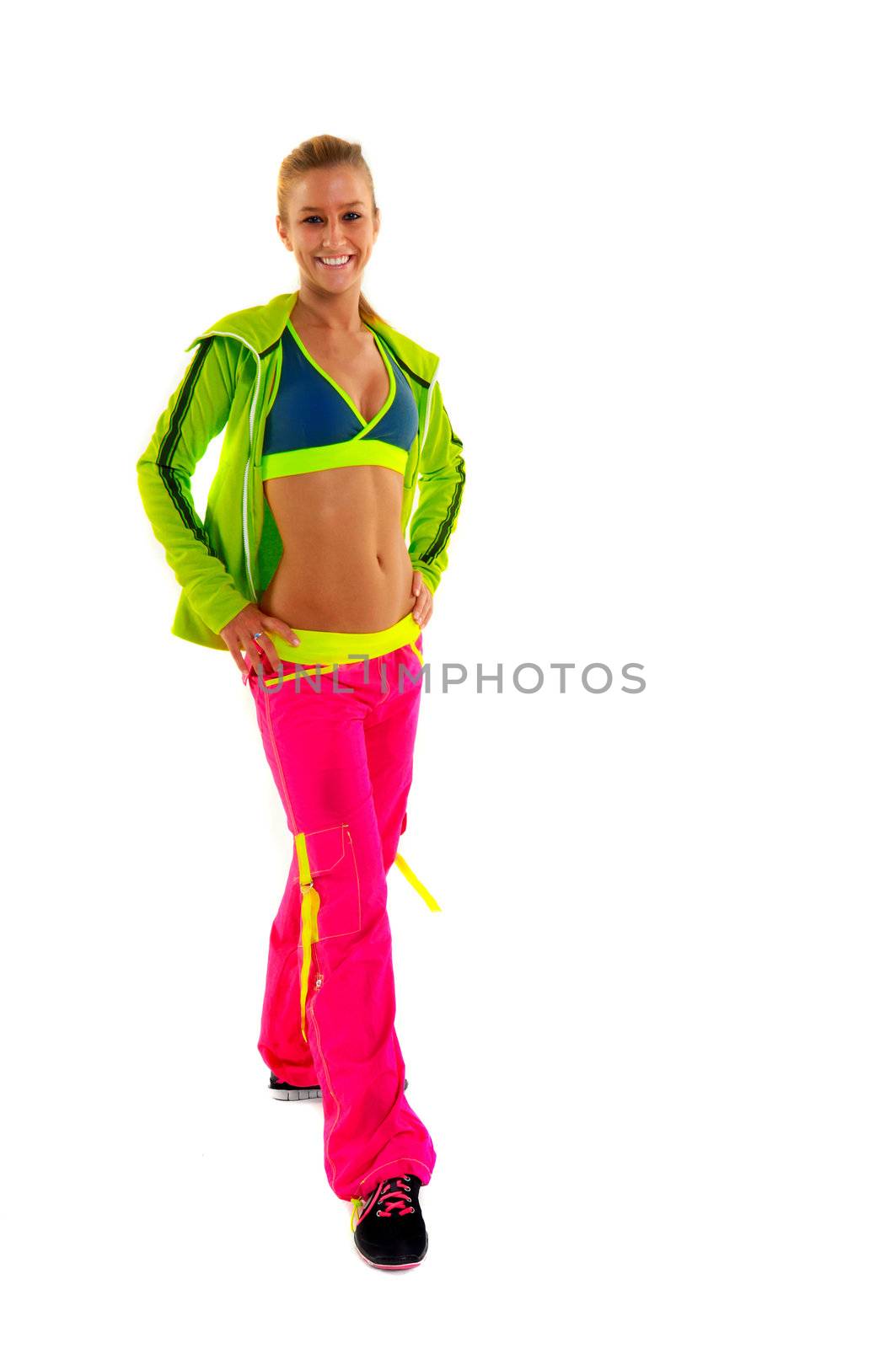 Young female fitness instructor on white isolated background