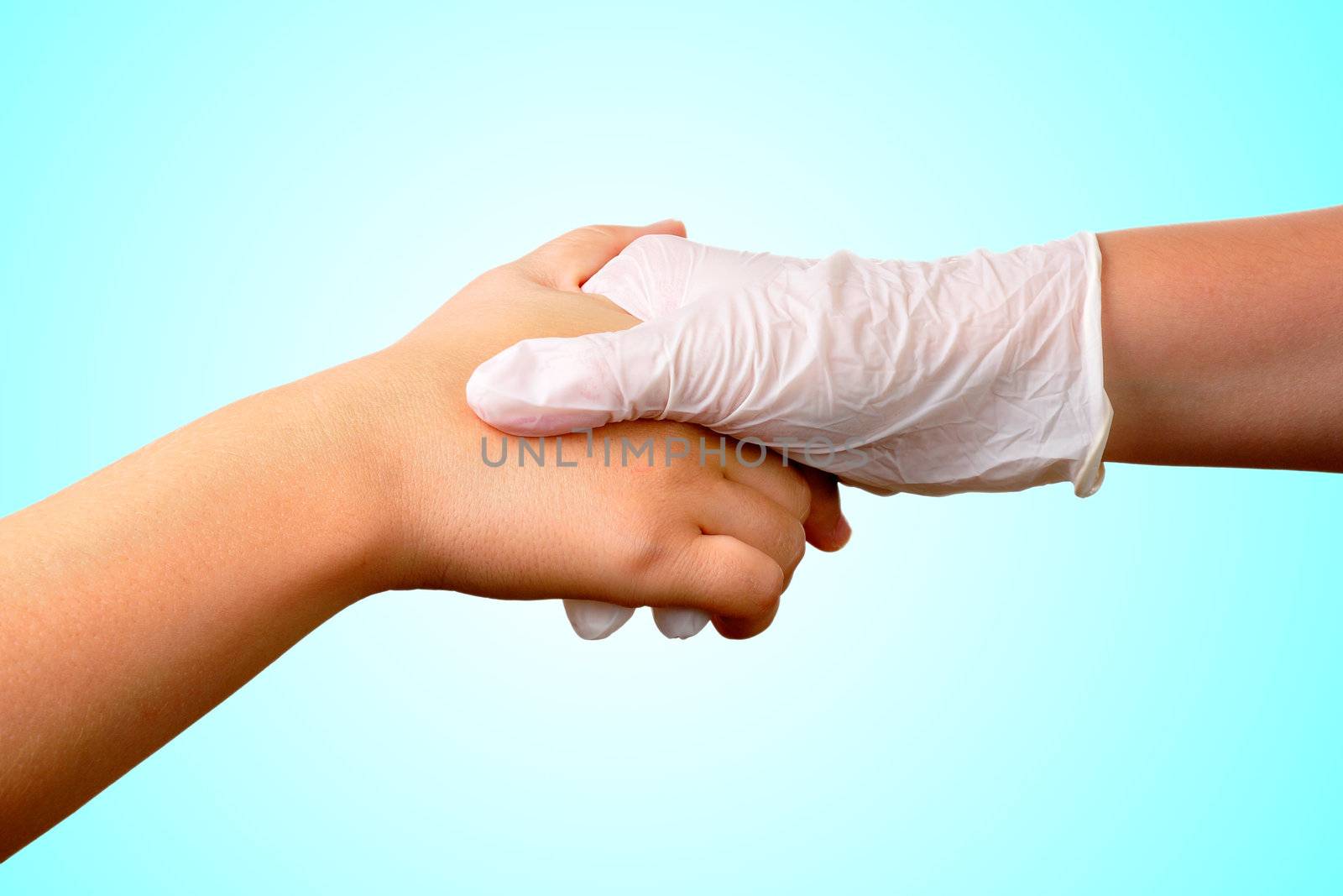 A hand with a medical latex glove holds another hand