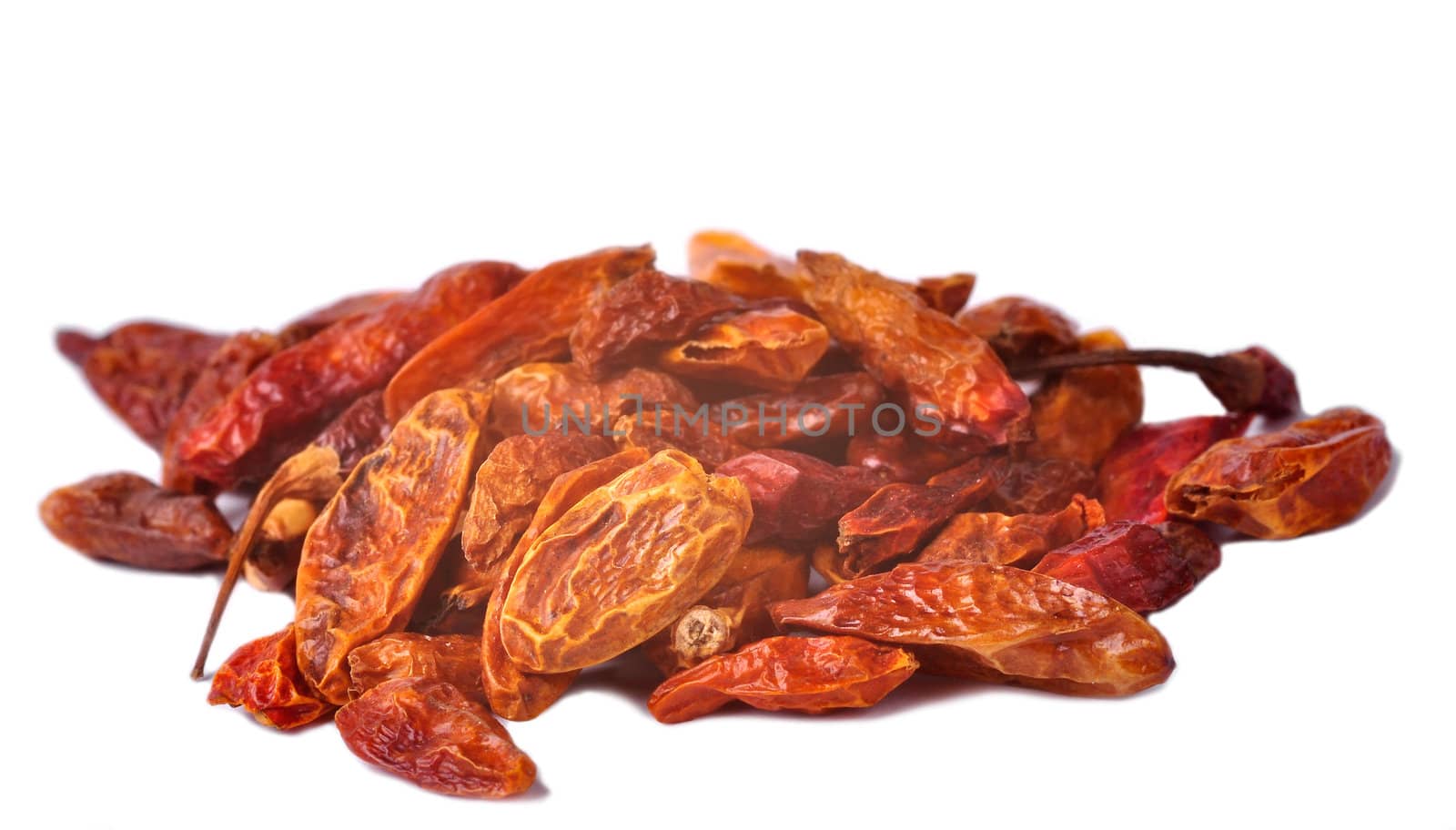 Pile of dried chilli on a white background