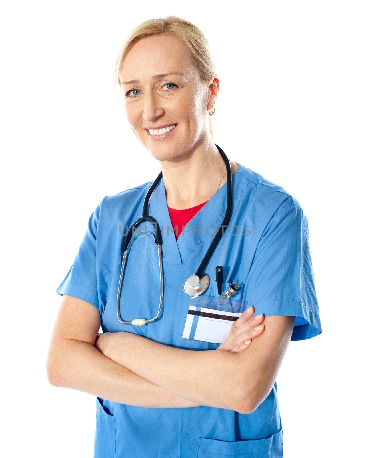 Experienced medical professional posing with folded arms isolated on white