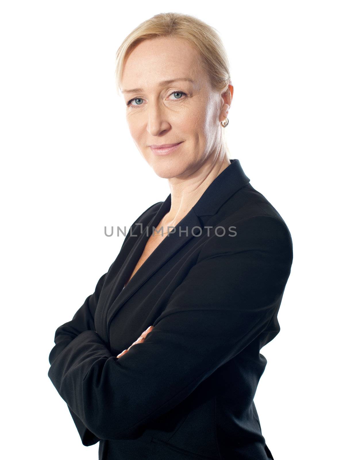 Senior businesswoman posing with folded arms, closeup shot. Isoalted on white