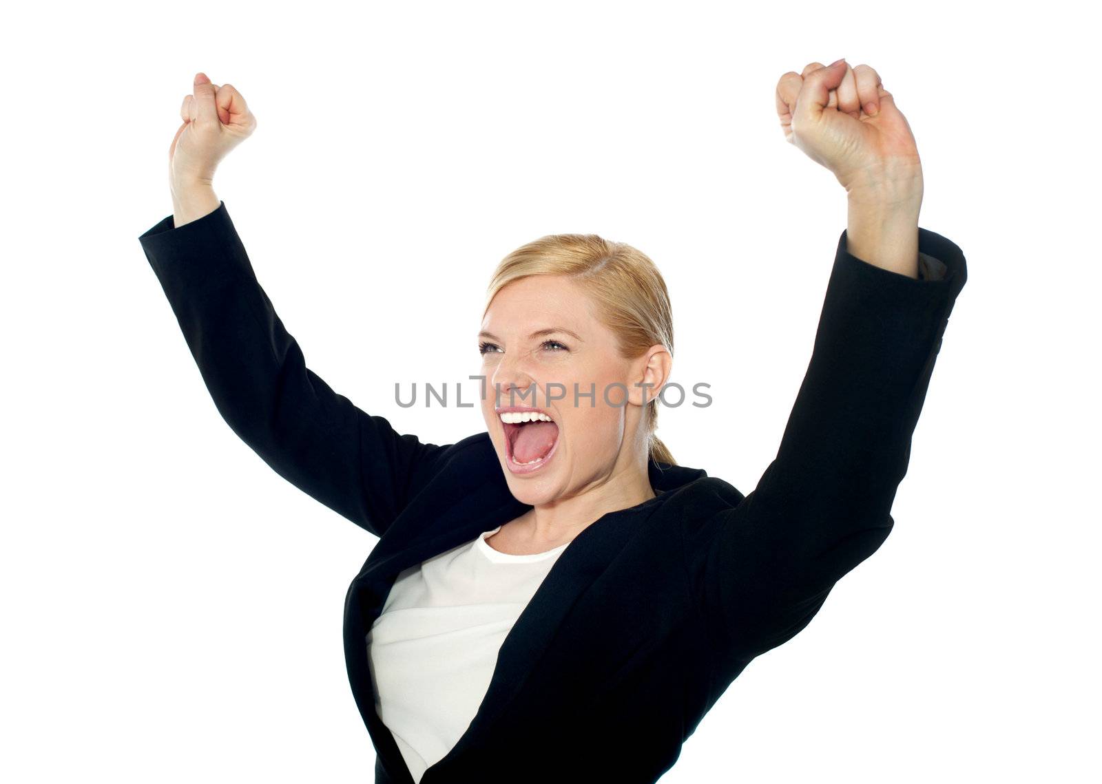 Corporate woman posing with arms up against white background
