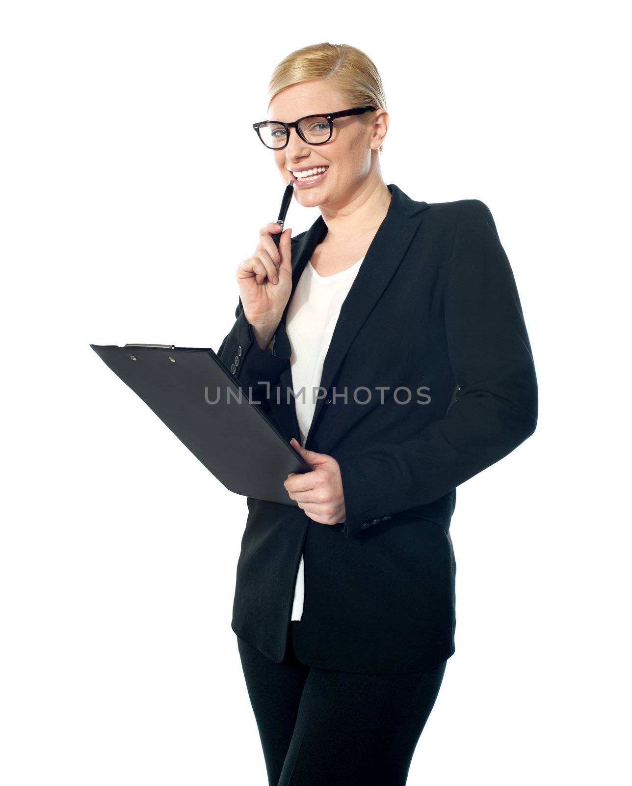 Portrait of smiling mischievous female executive isolated on white background
