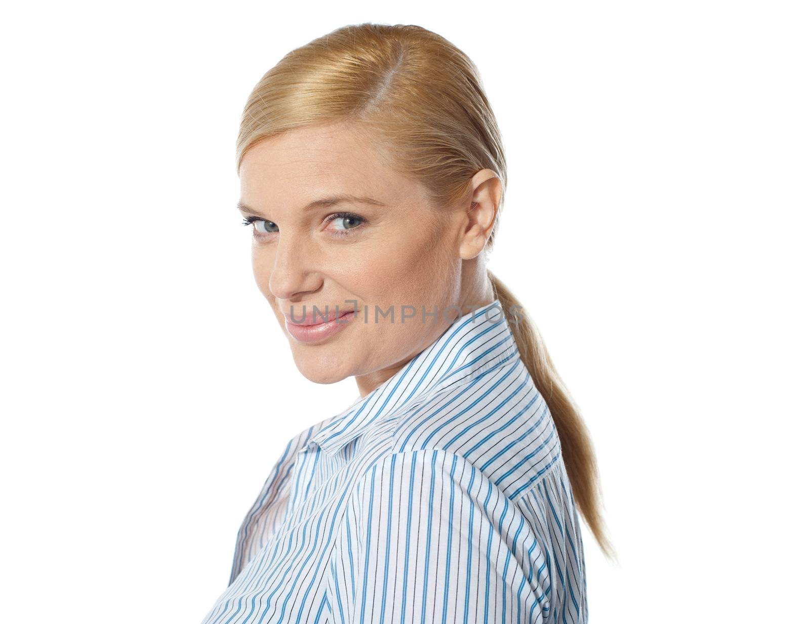 Smiling young lady, turned half back isolated over white background
