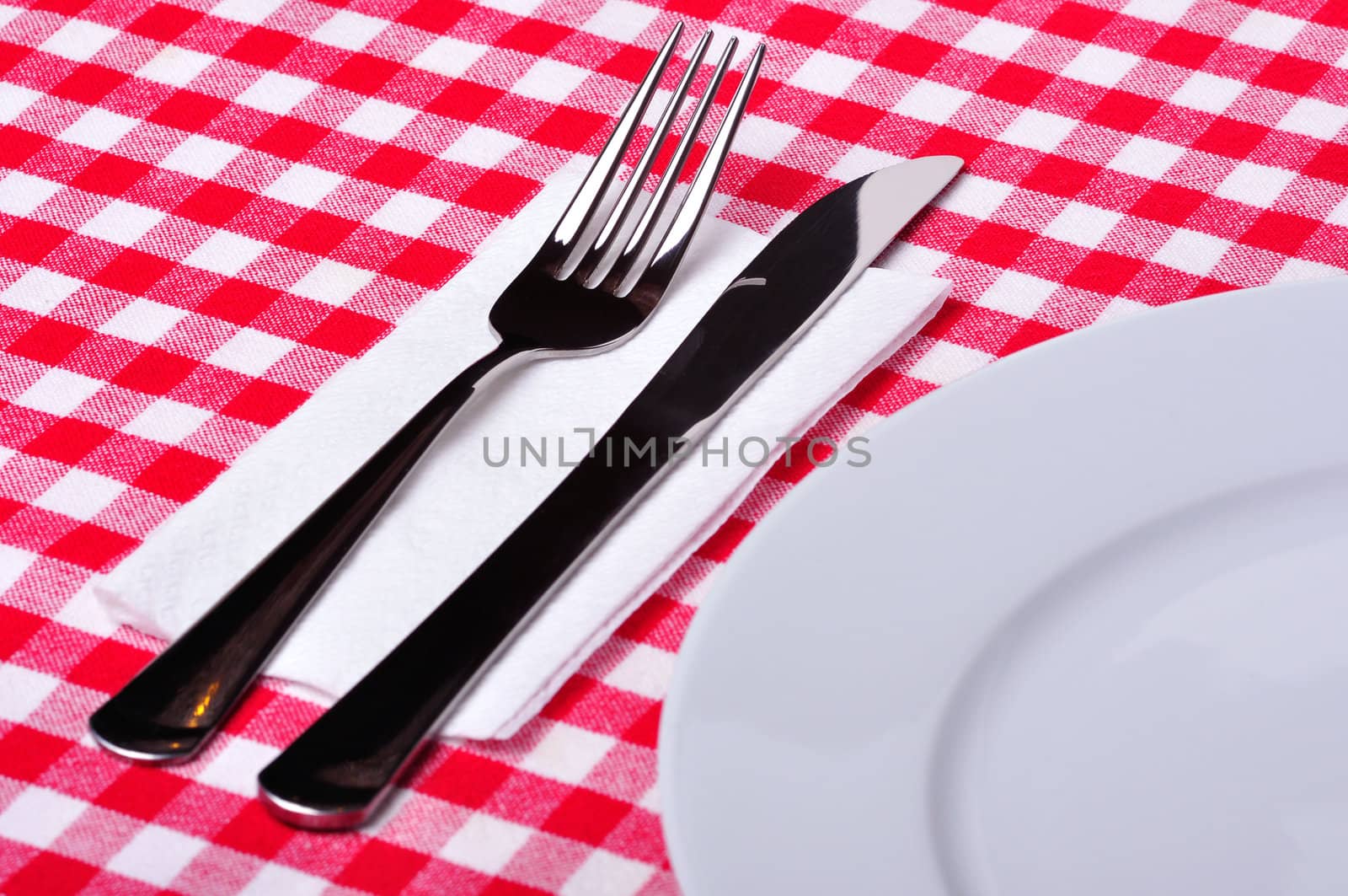 Fork, knife and plate on a table with a red and white tablecloth.