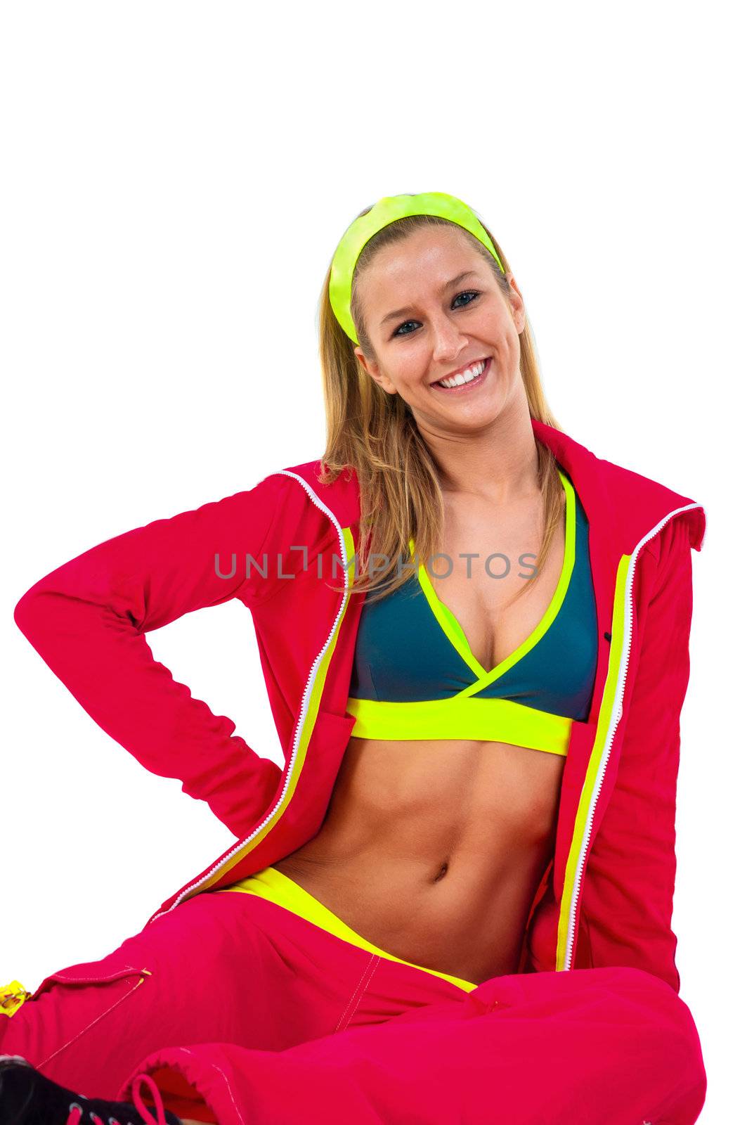 Young woman in sport outfit against white background