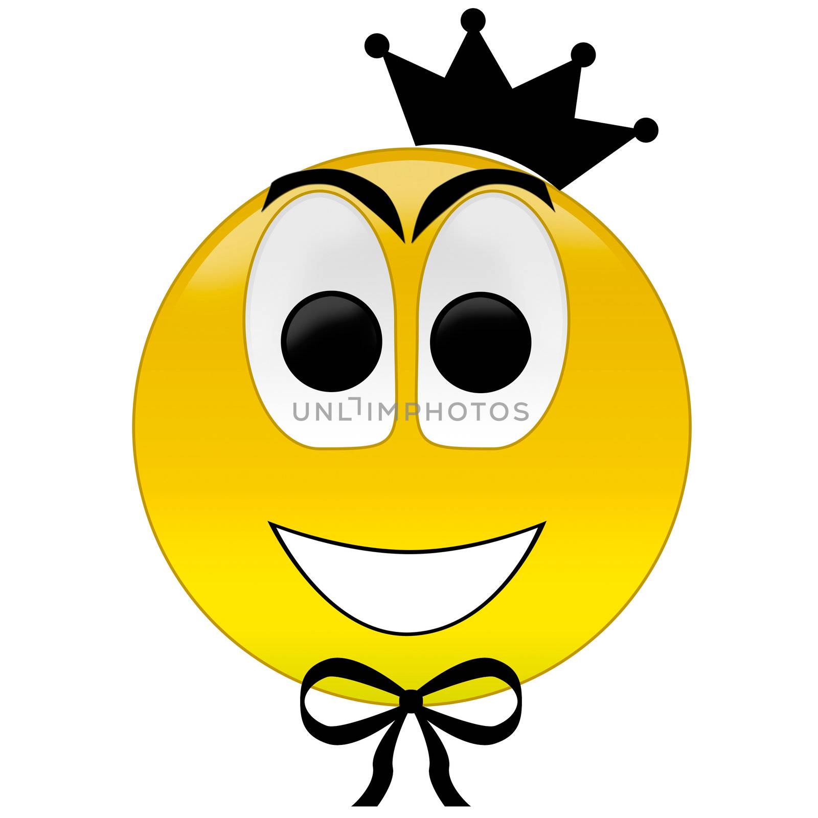 3d rendering happy smiley with crown and bow tie