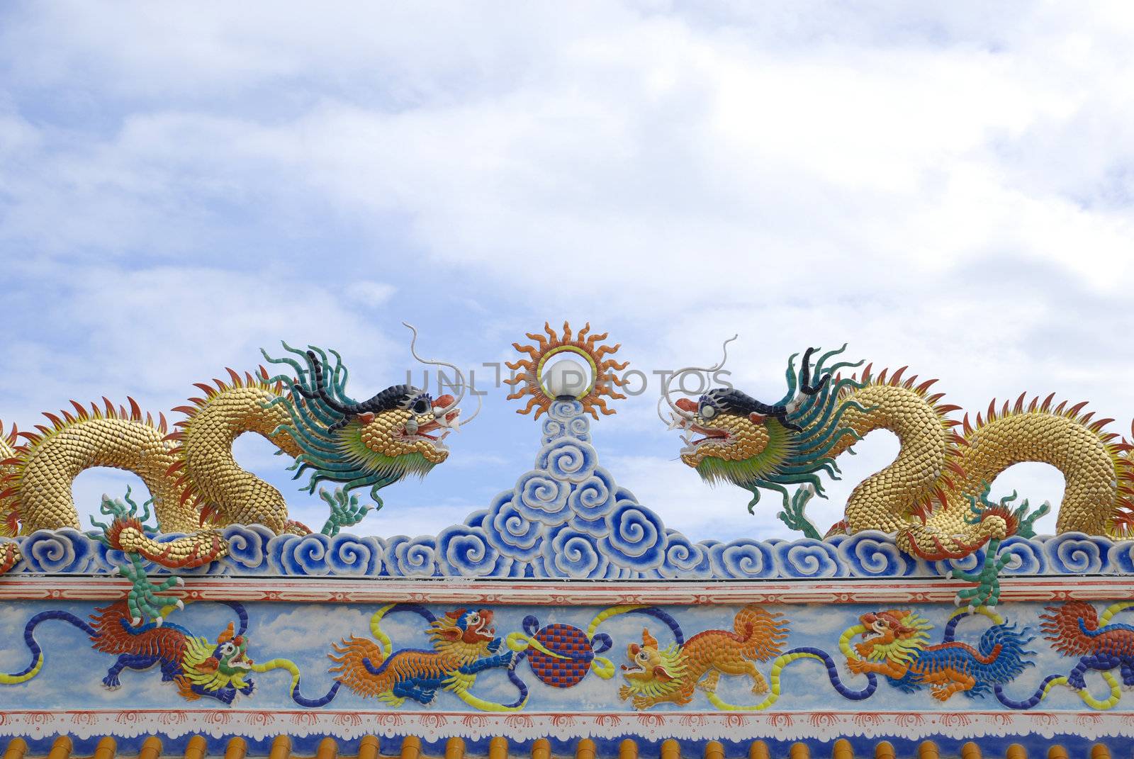 The two old dragons on a roof and blue sky.