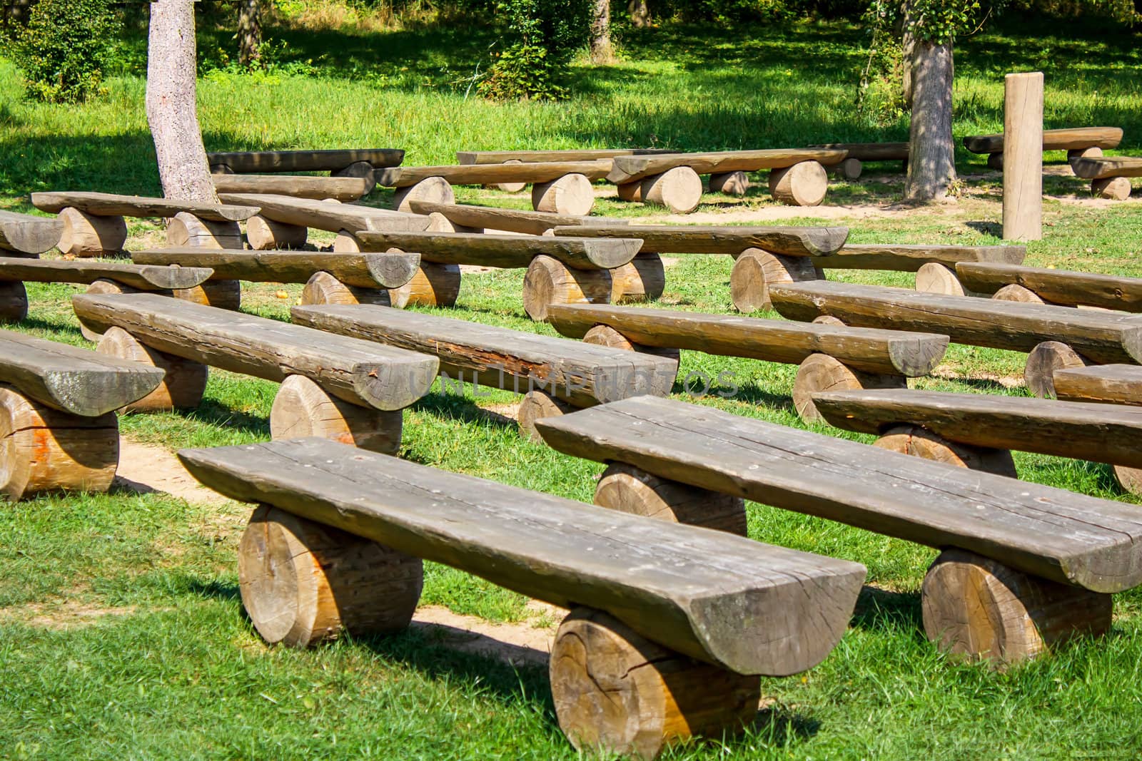 outdoor wood benches on green lawn in sunny day