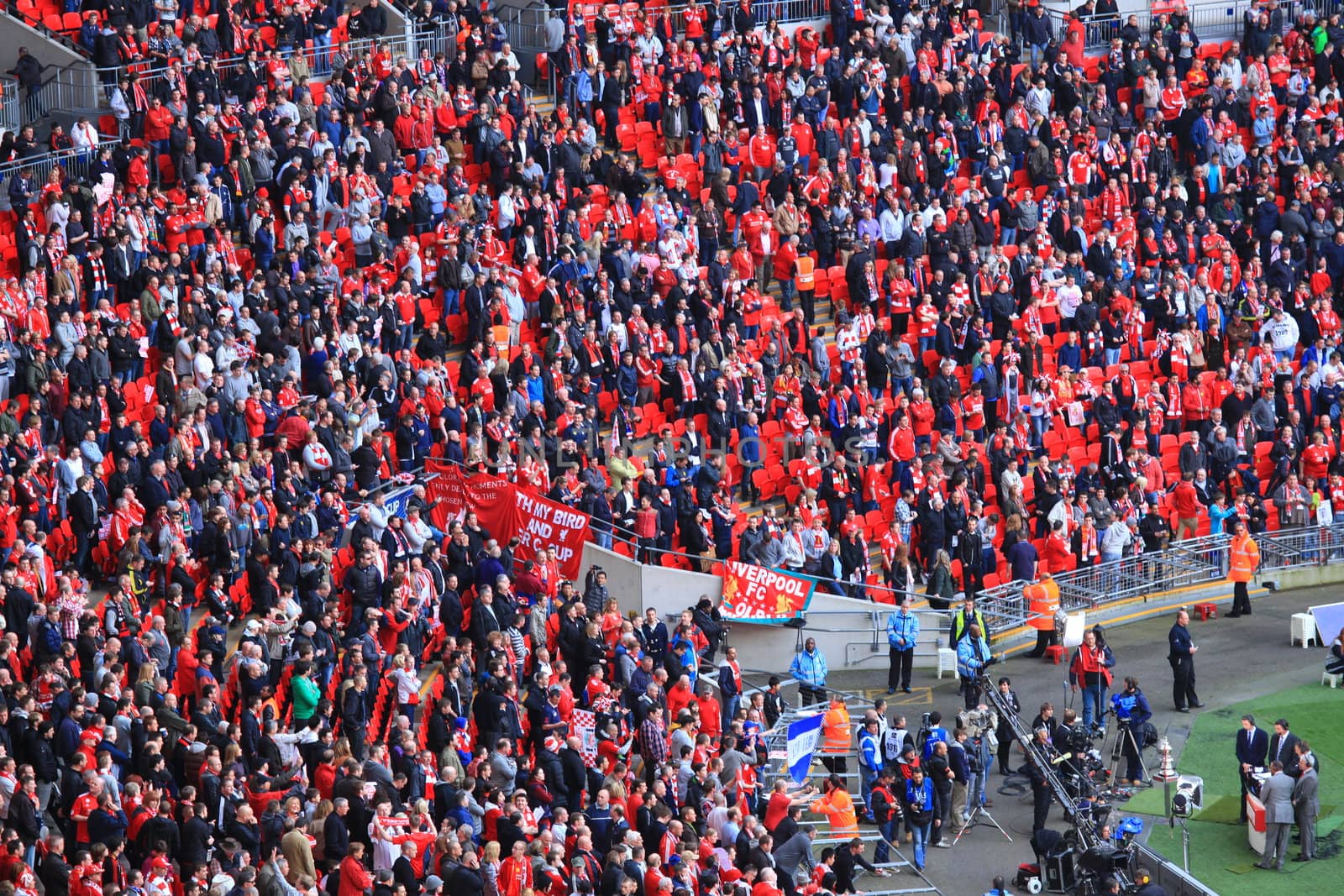 LONDON - APRIL 14 : Supporters watch the football game of Liverpool - Everton Semi Final FA Cup Crowd at Wembley Arena Staduim on April 14, 2012 in London, England United Kingdom.