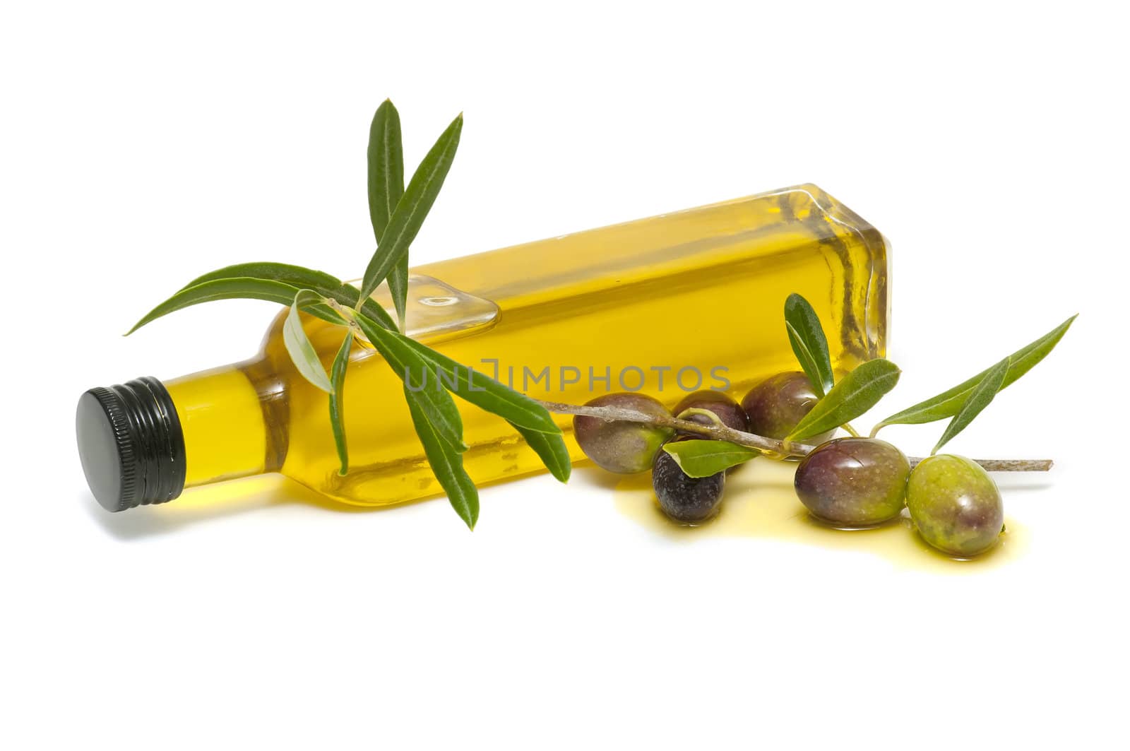 olive oil and fresh olives on white background