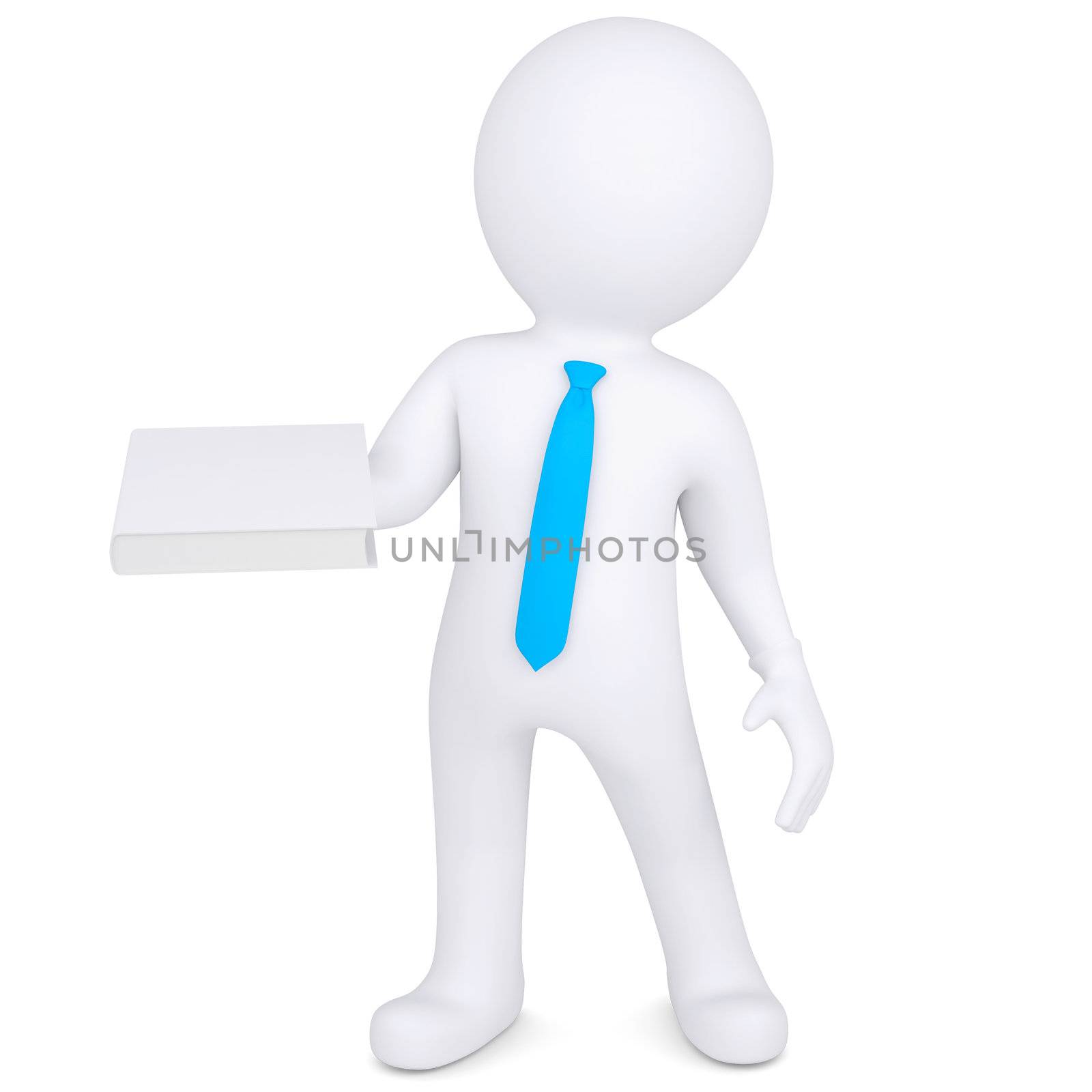 3d man holding a white paper in his hand. Isolated render on a white background