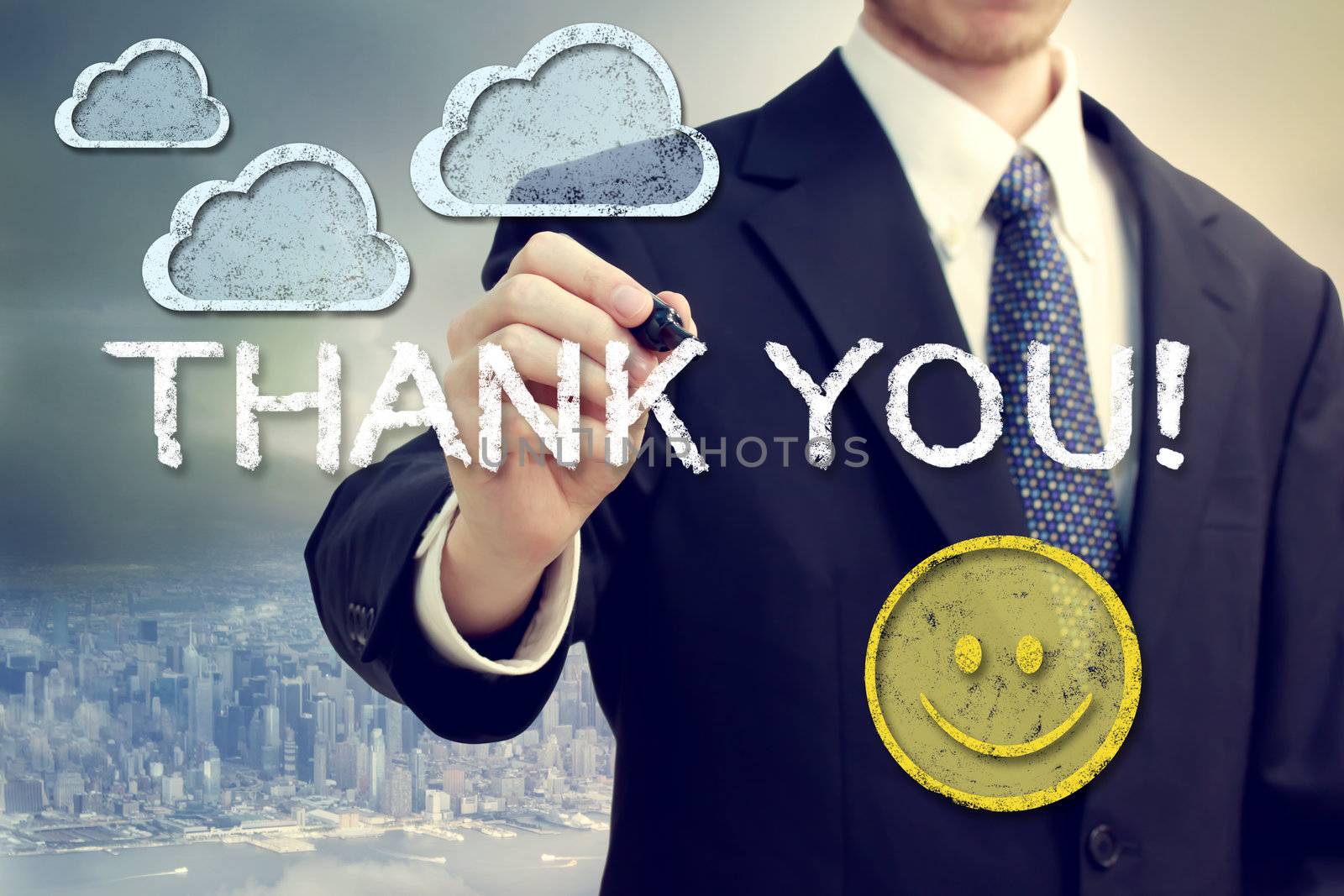 Business man drawing THANK YOU with clouds and smile face illustration