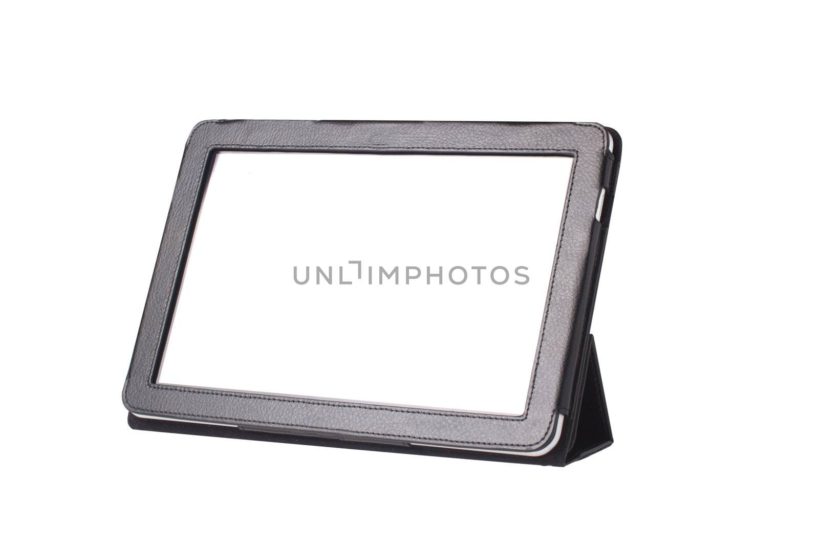 Tablet computer in cover isolated on white