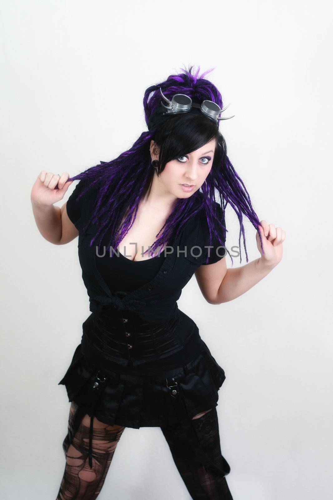 gothic girl with cyberlox and cyber goggle Studio Shot on White Background
