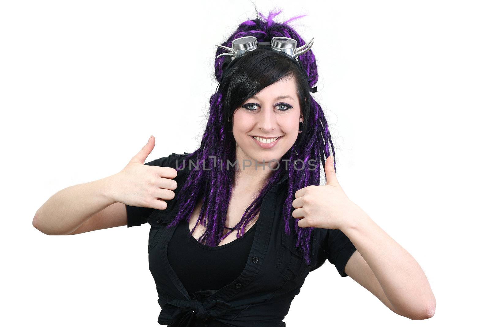 gothic girl with cyberlox and cyber goggle showing the thumb up gesture - isolated on withe background