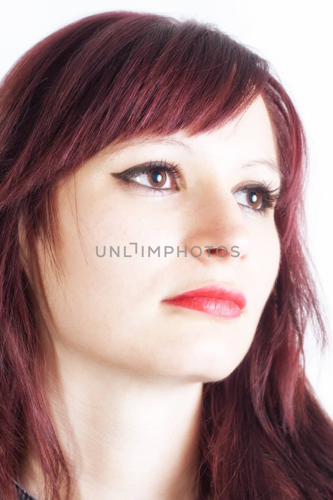 Closeup Portrait of young beautiful woman with red lips - isolated on withe background