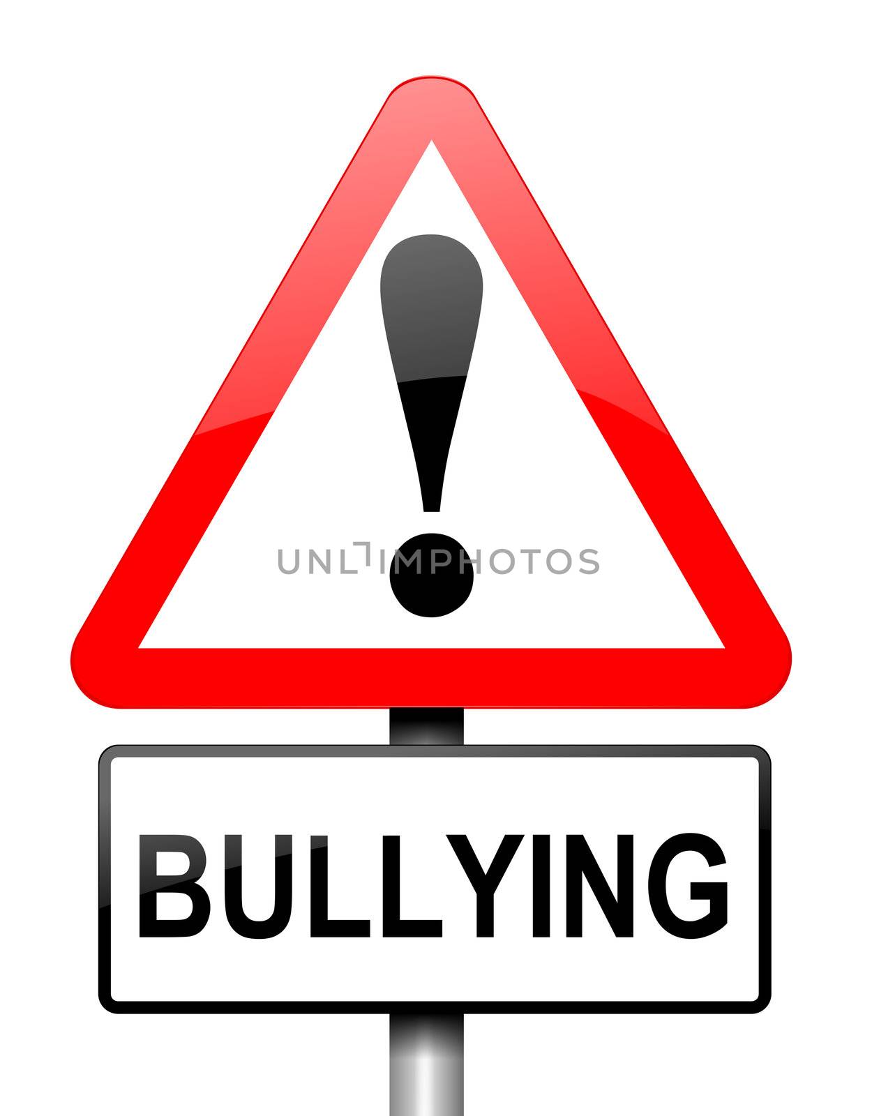 Illustration depicting red and white triangular warning road sign with a bullying concept. White background.