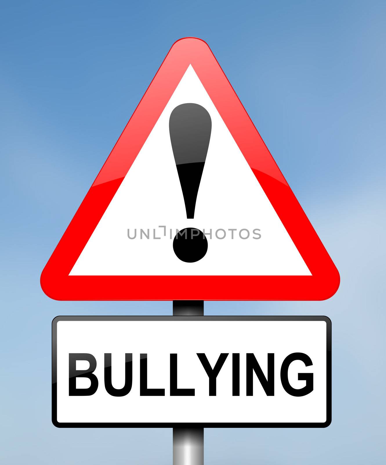 Illustration depicting red and white triangular warning road sign with a bullying concept. Blue blurred background.