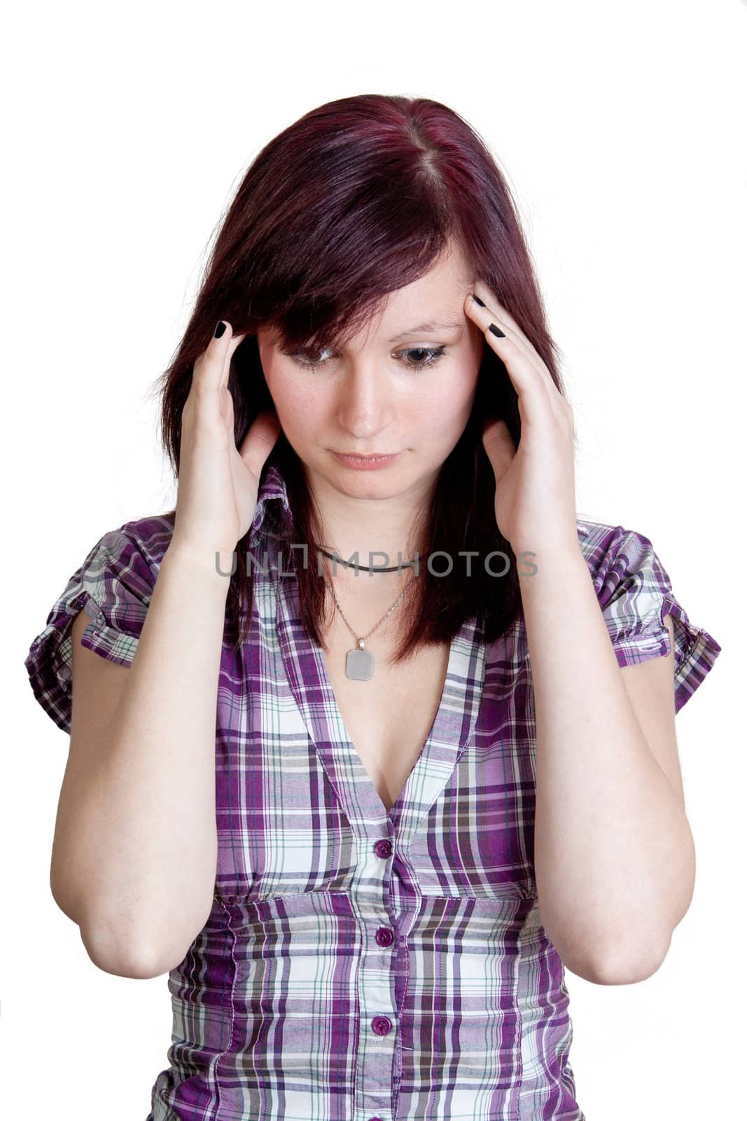 young redhead woman with splitting headache - isolated on white background