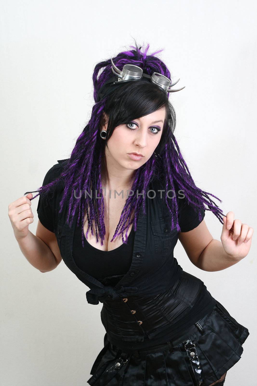 gothic girl with cyberlox and cyber goggle Studio Shot on White Background