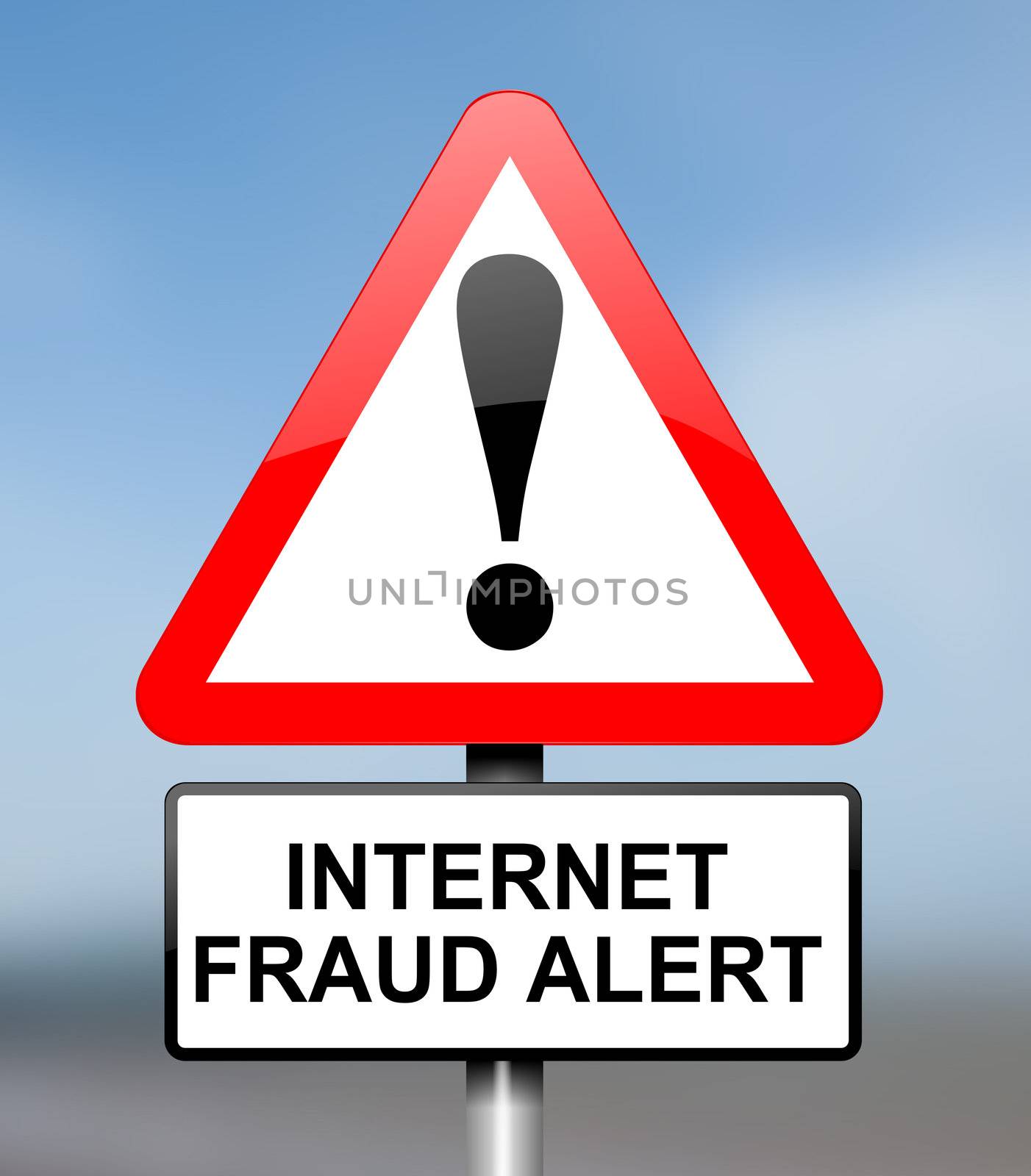 Illustration depicting red and white triangular warning road sign with an internet fraud concept. Blue blur background.