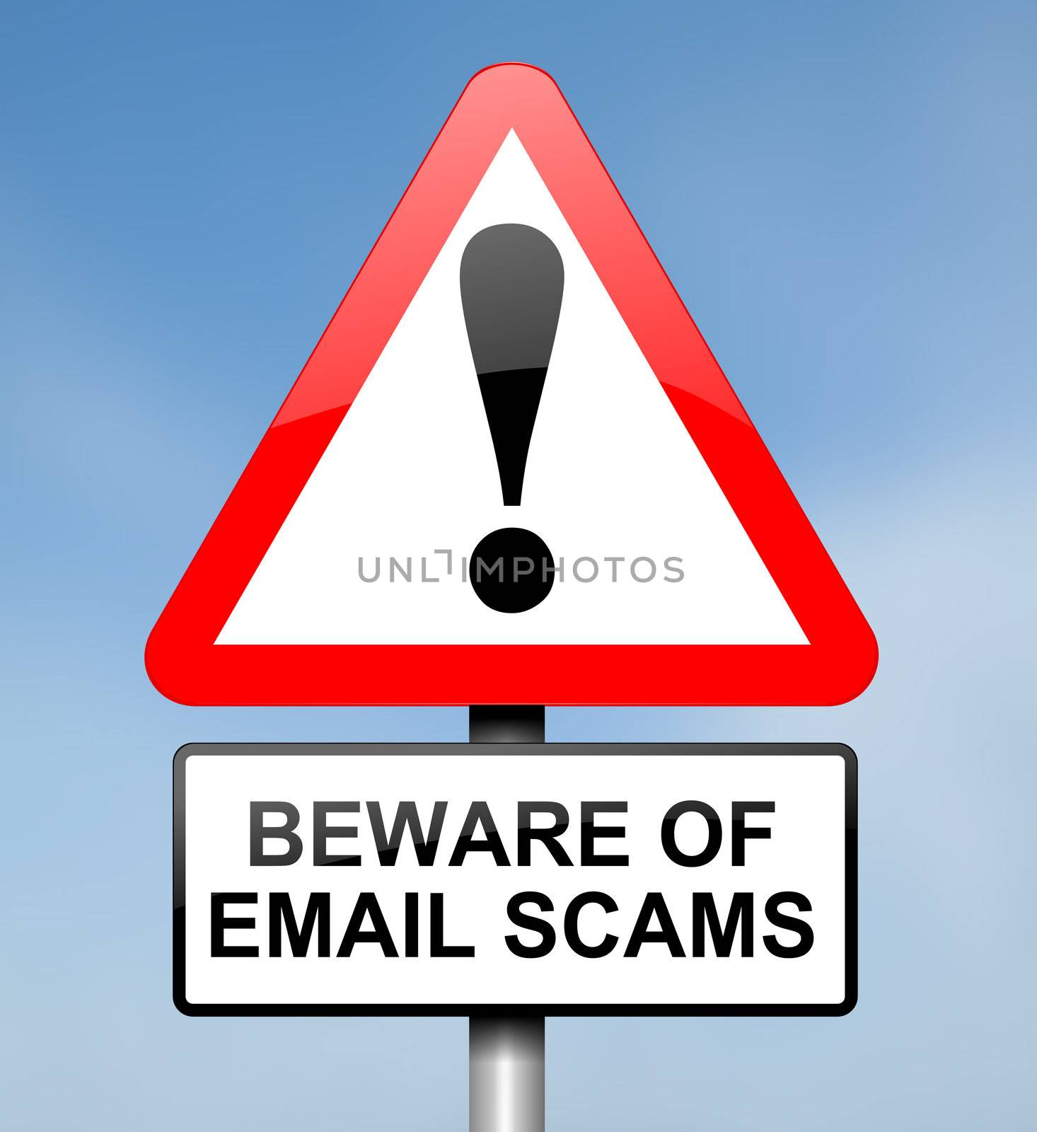 Illustration depicting red and white triangular warning road sign with an email scam concept. Blue blur background.