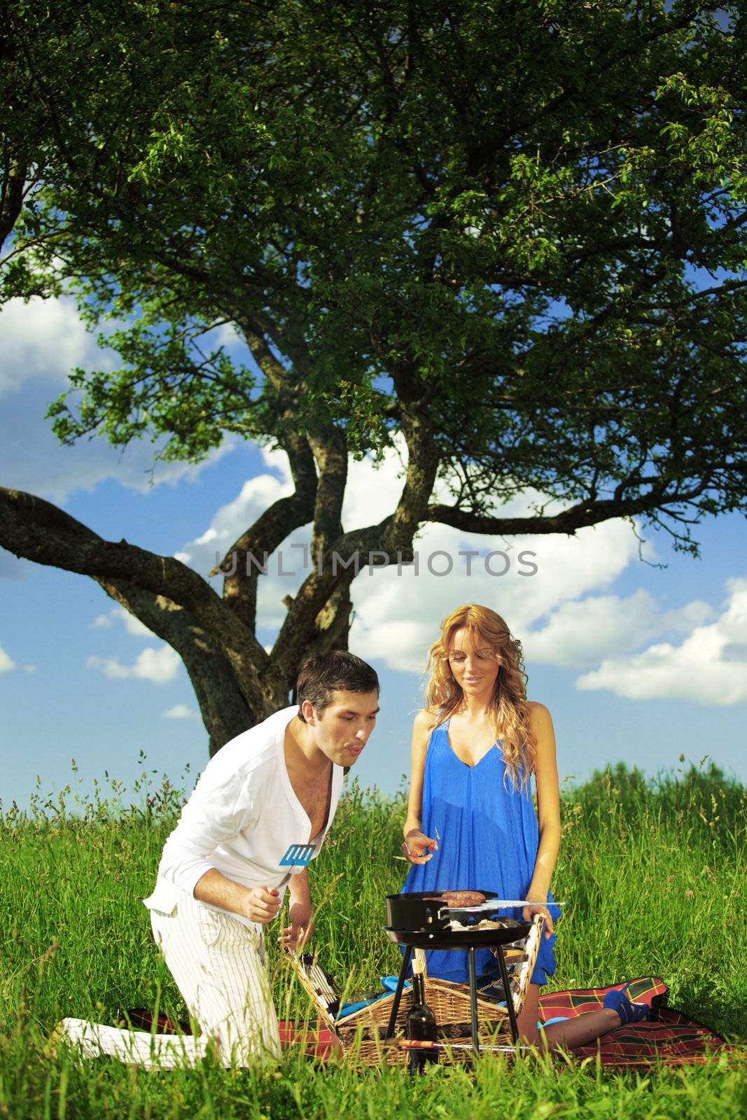 lovers on picnic cook steak