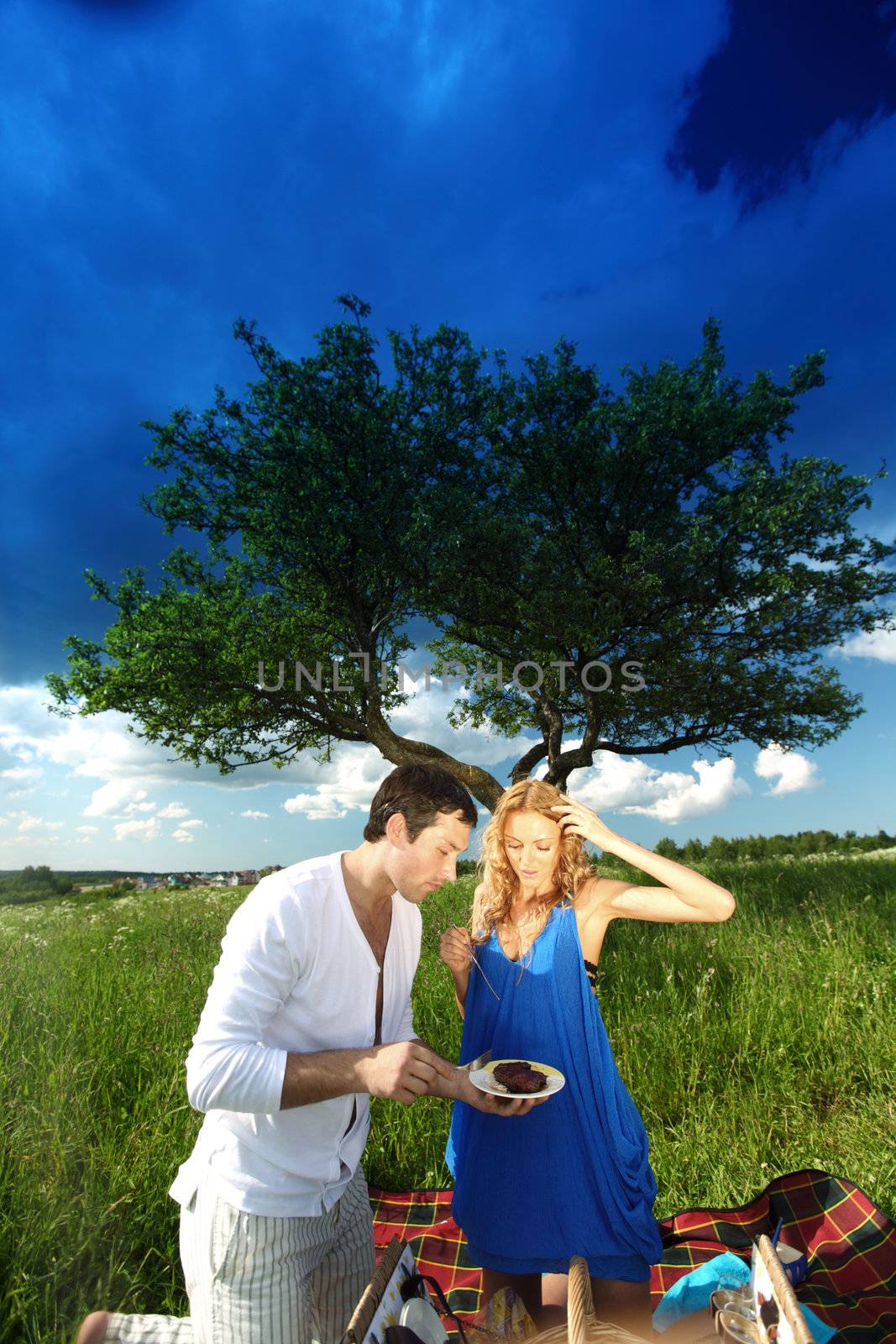 lovers on picnic cook steak