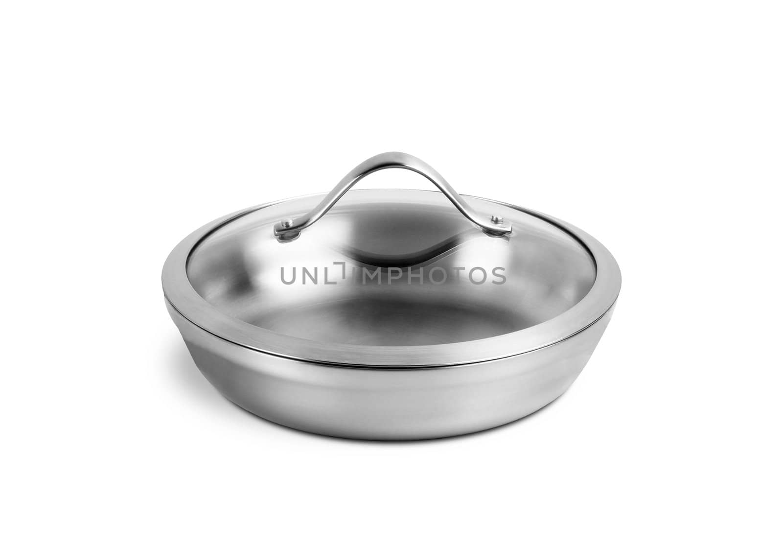 Silver cooking pot from low perspective isolated on white.
