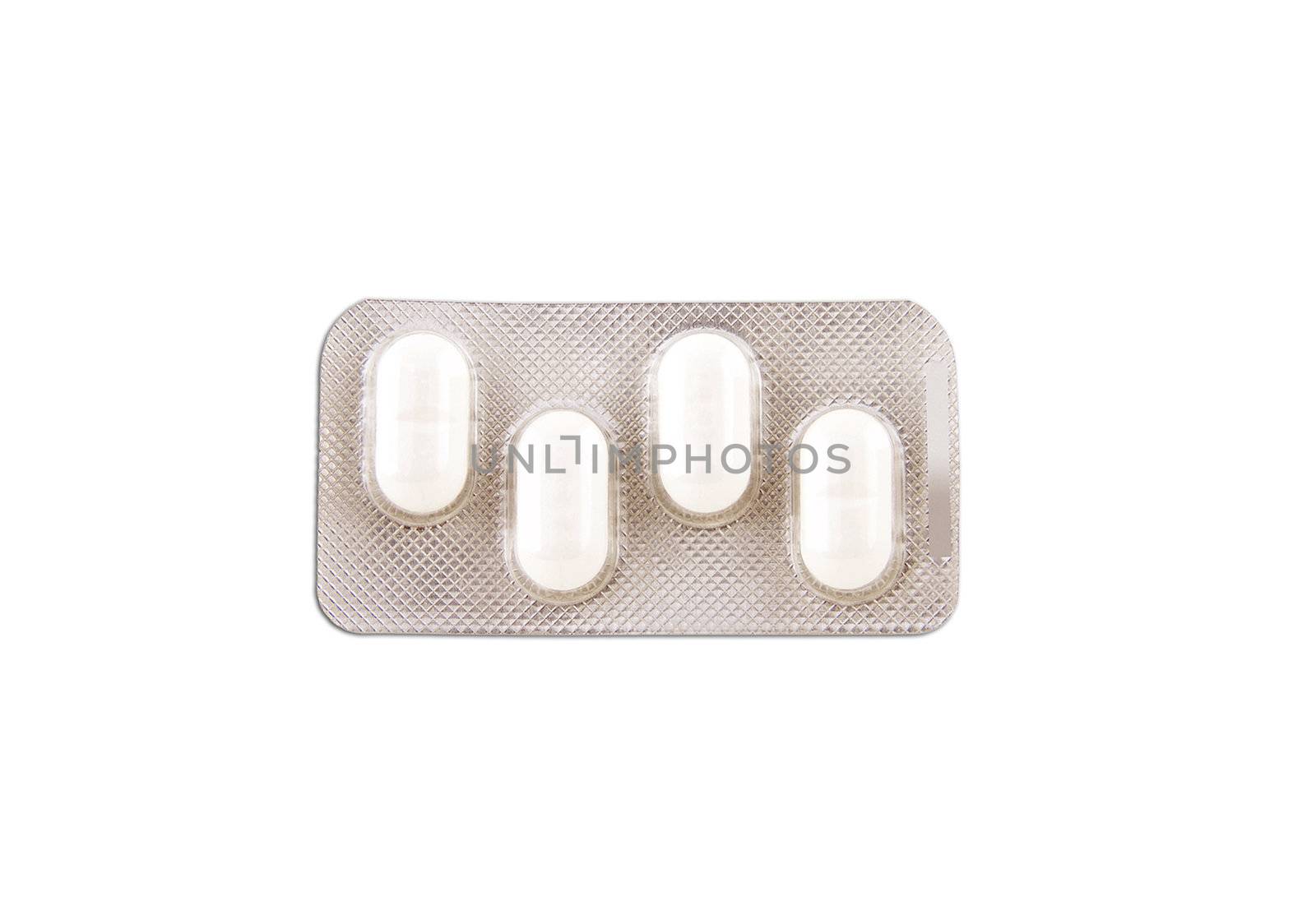 pack of white medicine pills on white background