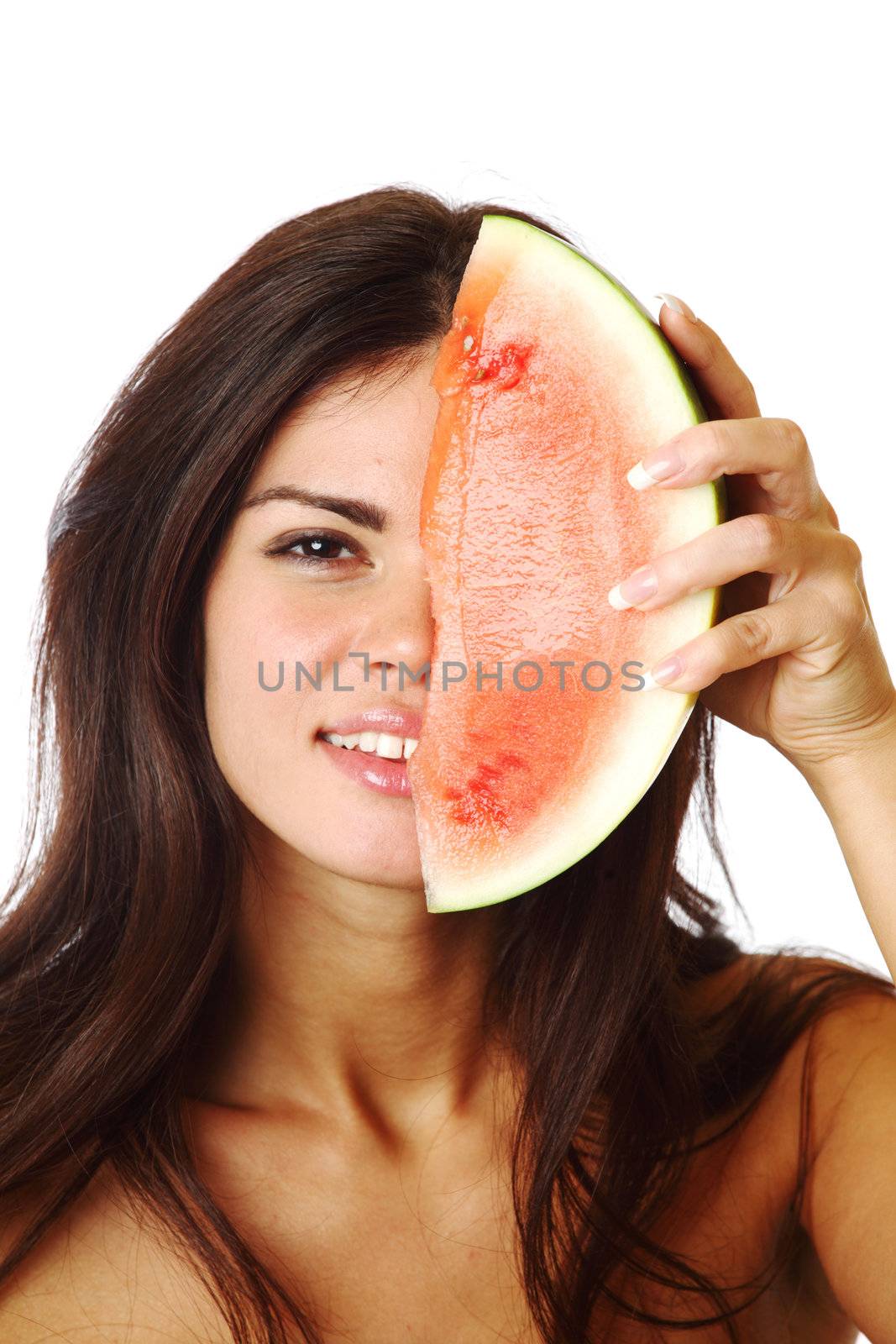  woman hold watermelon in hands isolated on white