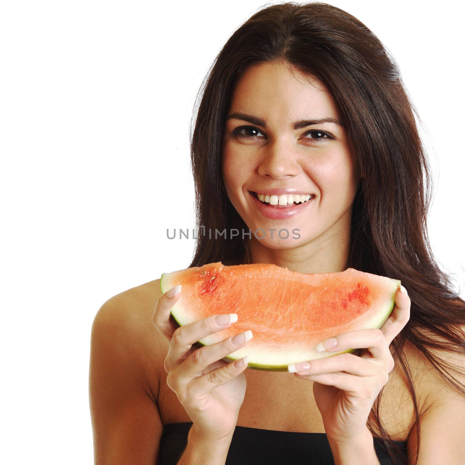  woman hold watermelon in hands isolated on white