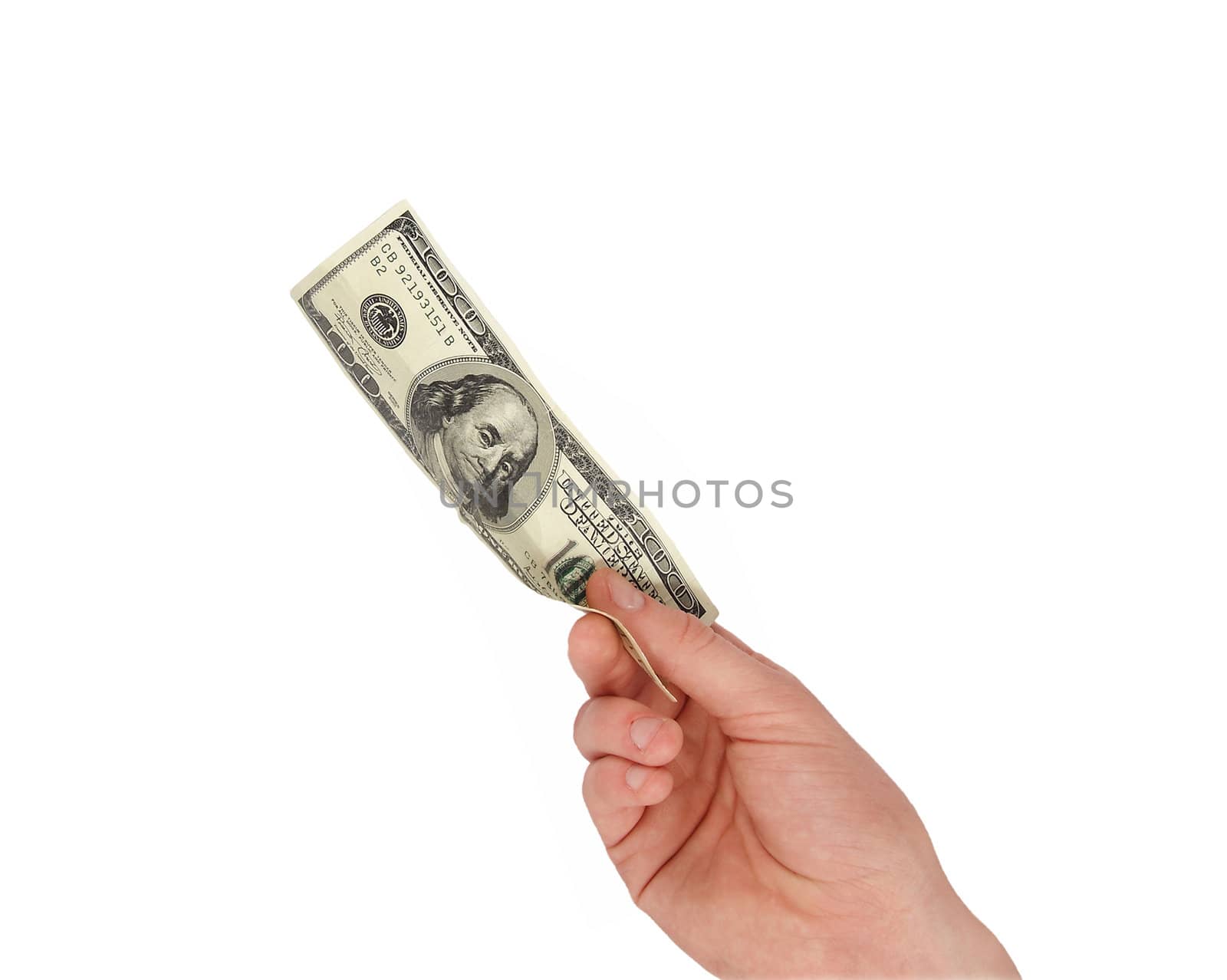A man's hand holding a one hundred dollar bill