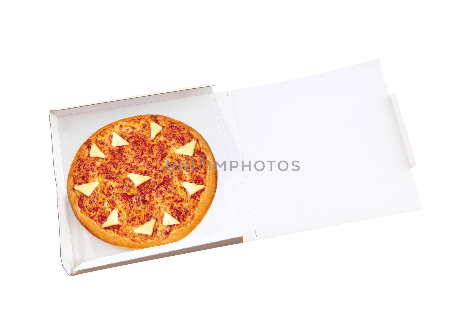 pizza in open paper box on white background