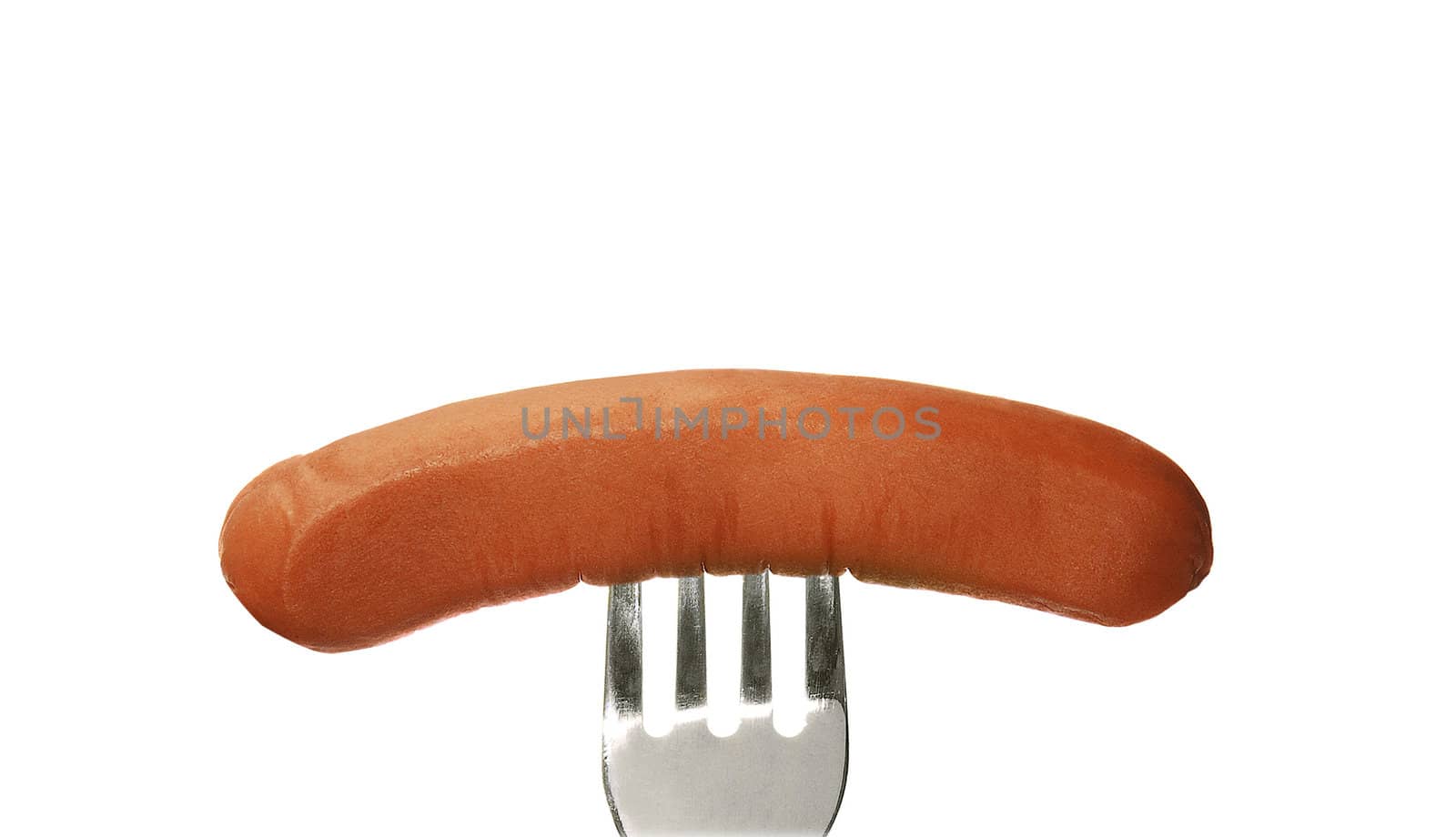 Close up of sausage and fork isolated on white background