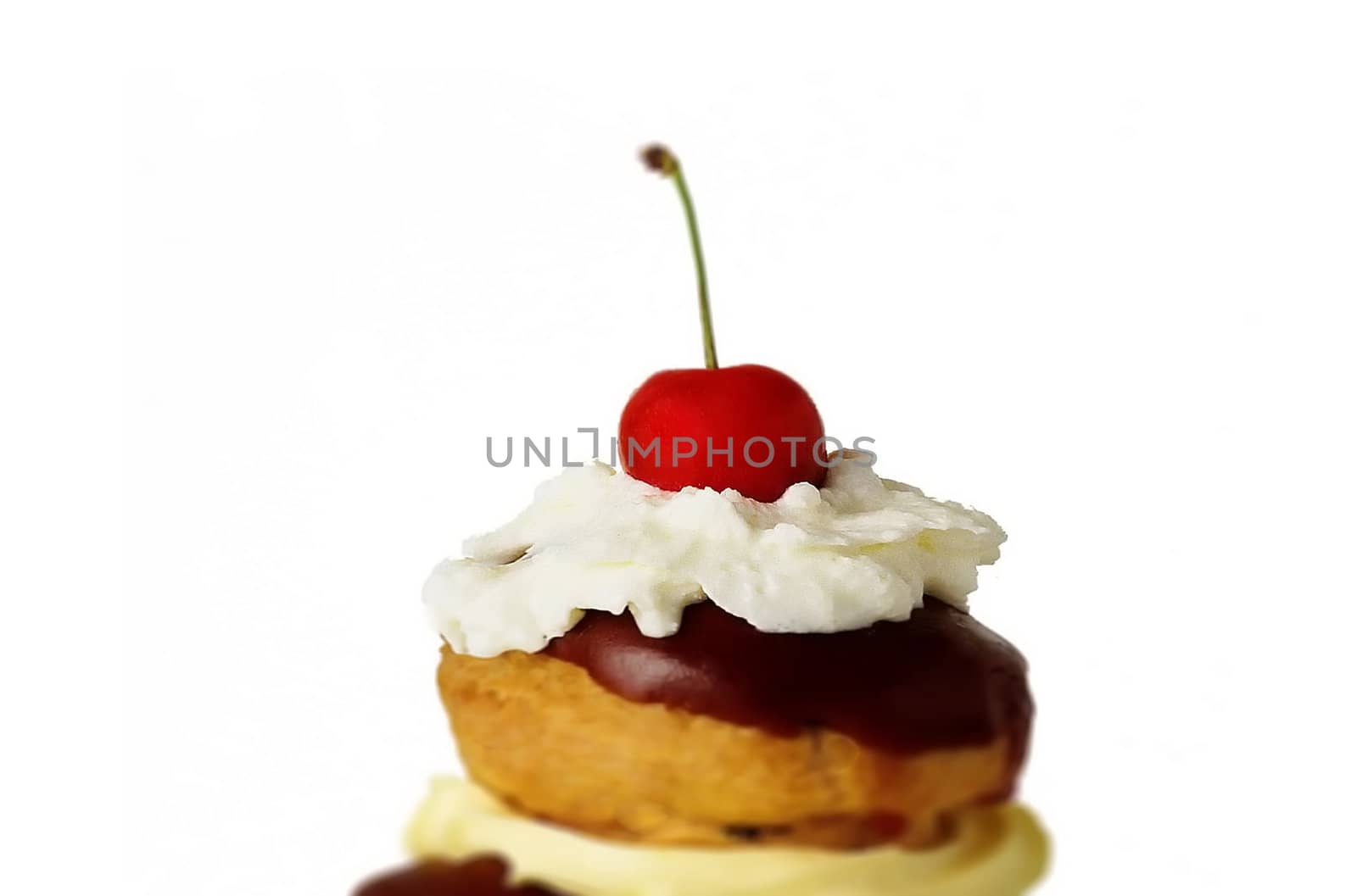 tasty cake with cherry topping, isolated on white